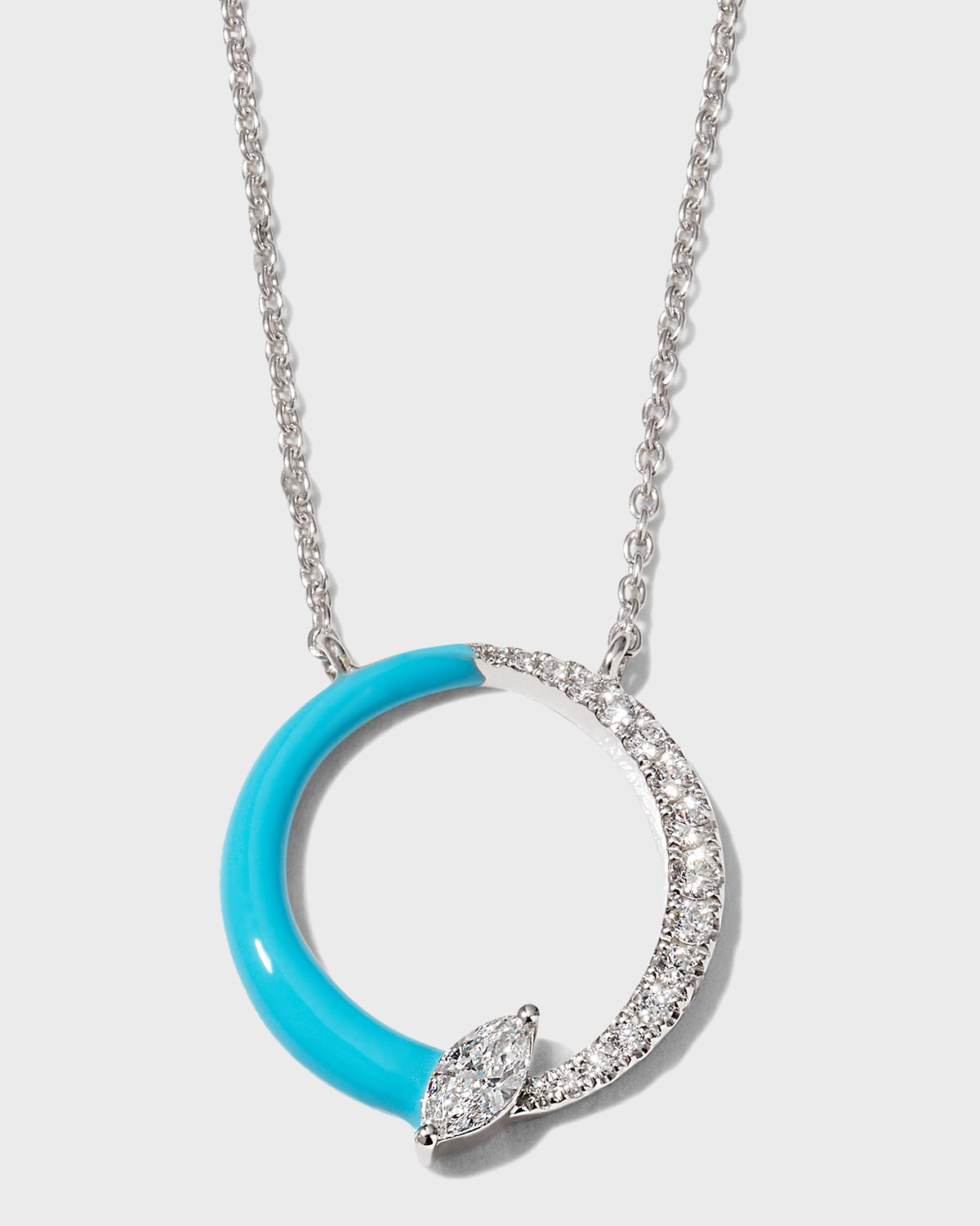 White Gold Halo Bolt Marquis Half-Turquoise Half-Diamond Necklace