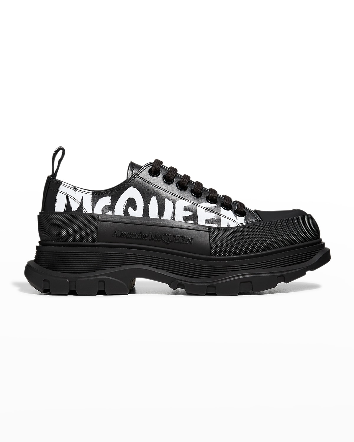 Alexander Mcqueen Men's Tread Slick Leather Low-top Sneakers In Black White Graff