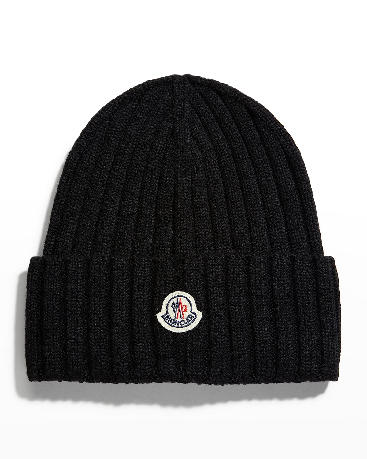 Moncler Black Wool Pompom Logo Beanie In Black