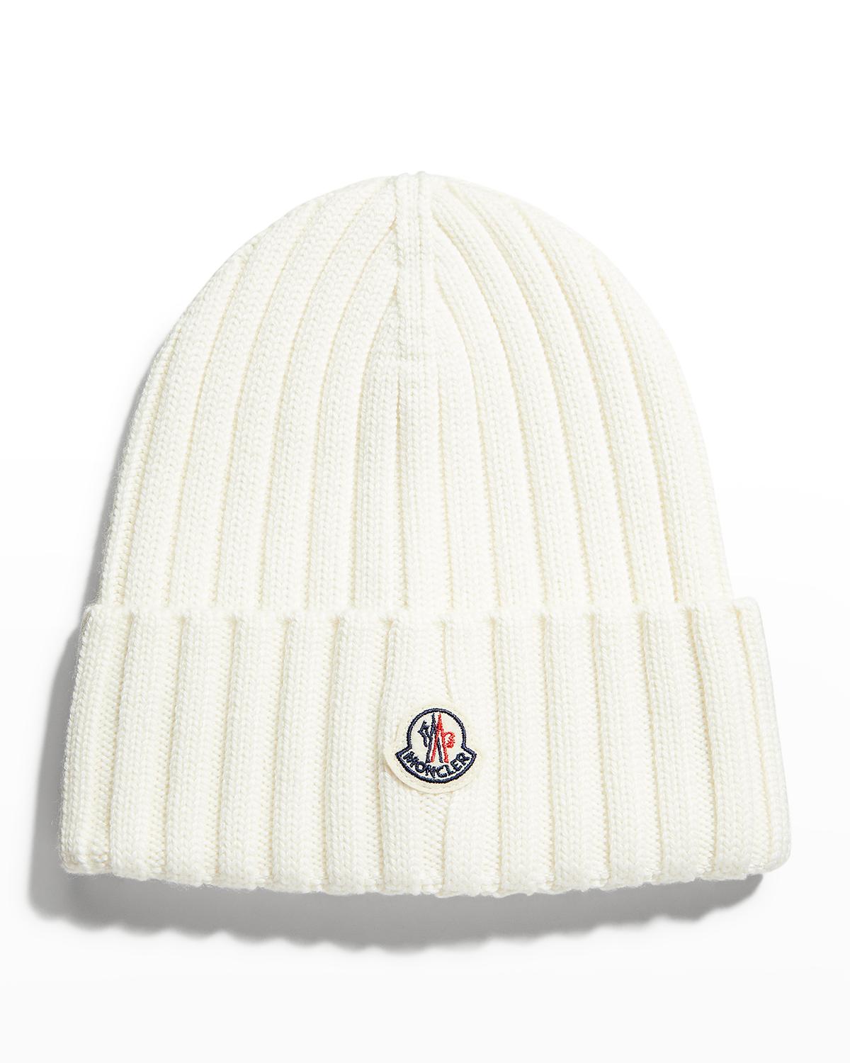 Moncler Ribbed-knit Logo-patch Virgin Wool Beanie In White