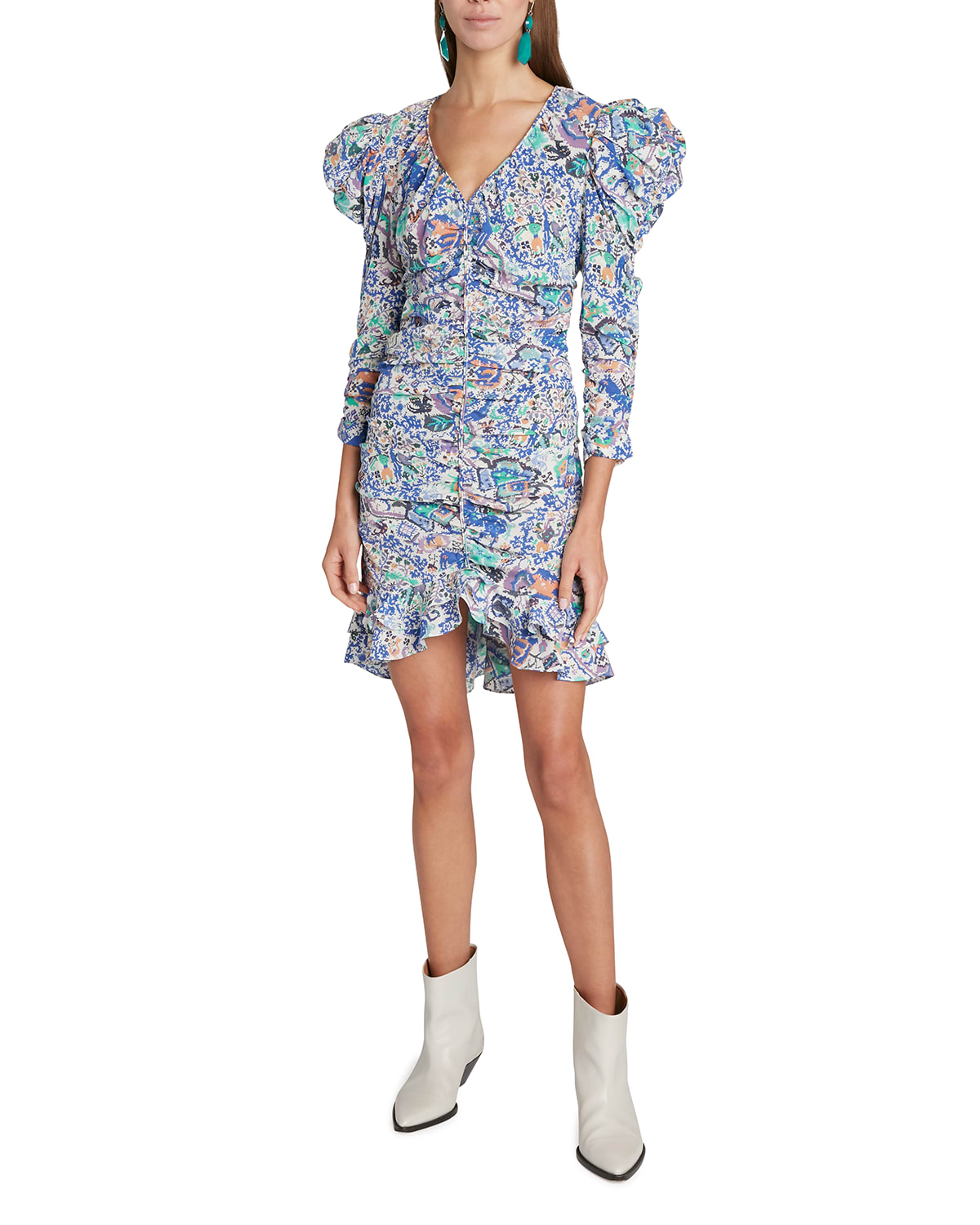 Isabel Marant Bireya Floral-Print Ruched Puff-Sleeve Mini Dress