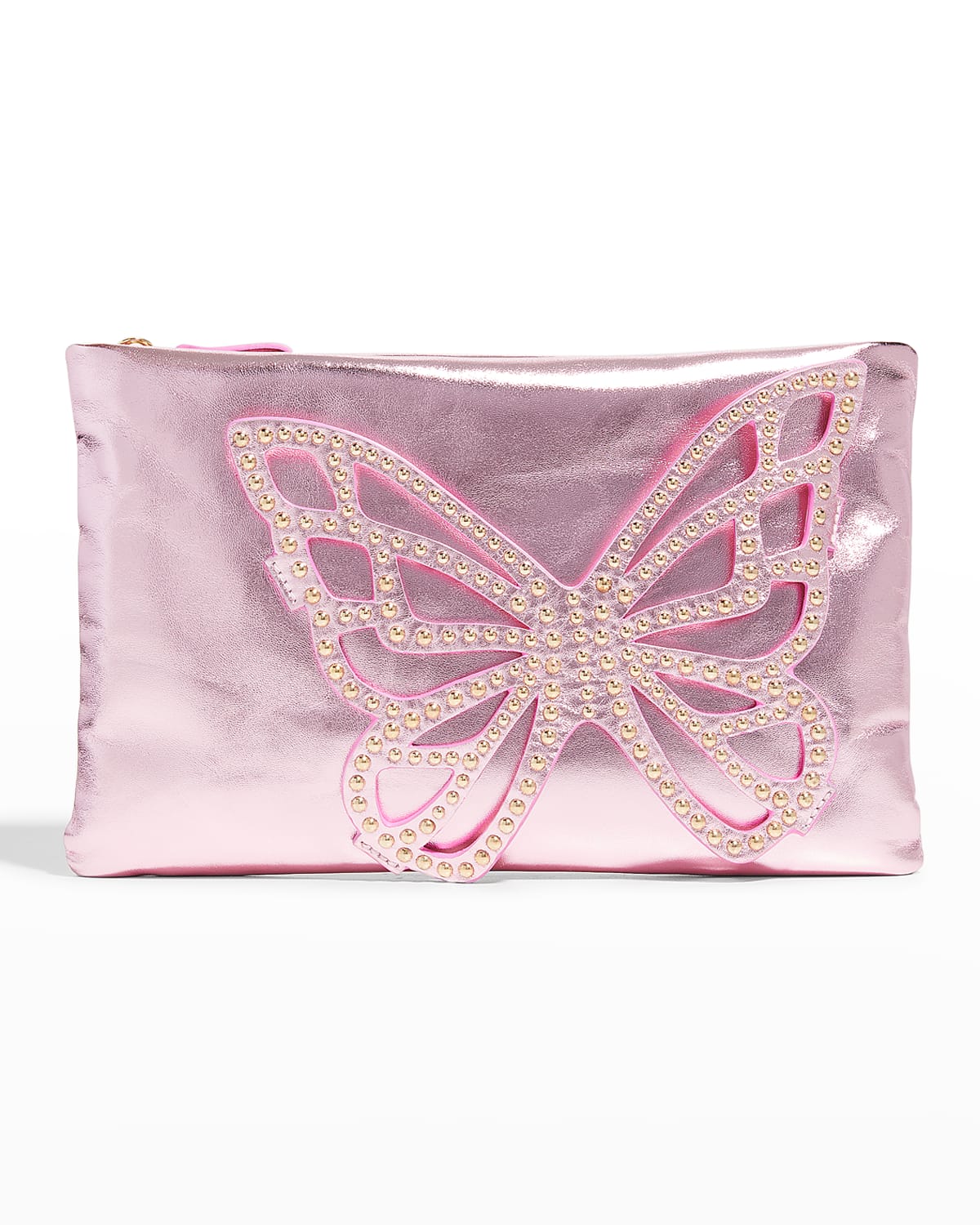 Sophia Webster Flossy Studded Butterfly Metallic Clutch Bag In Rosa Silver