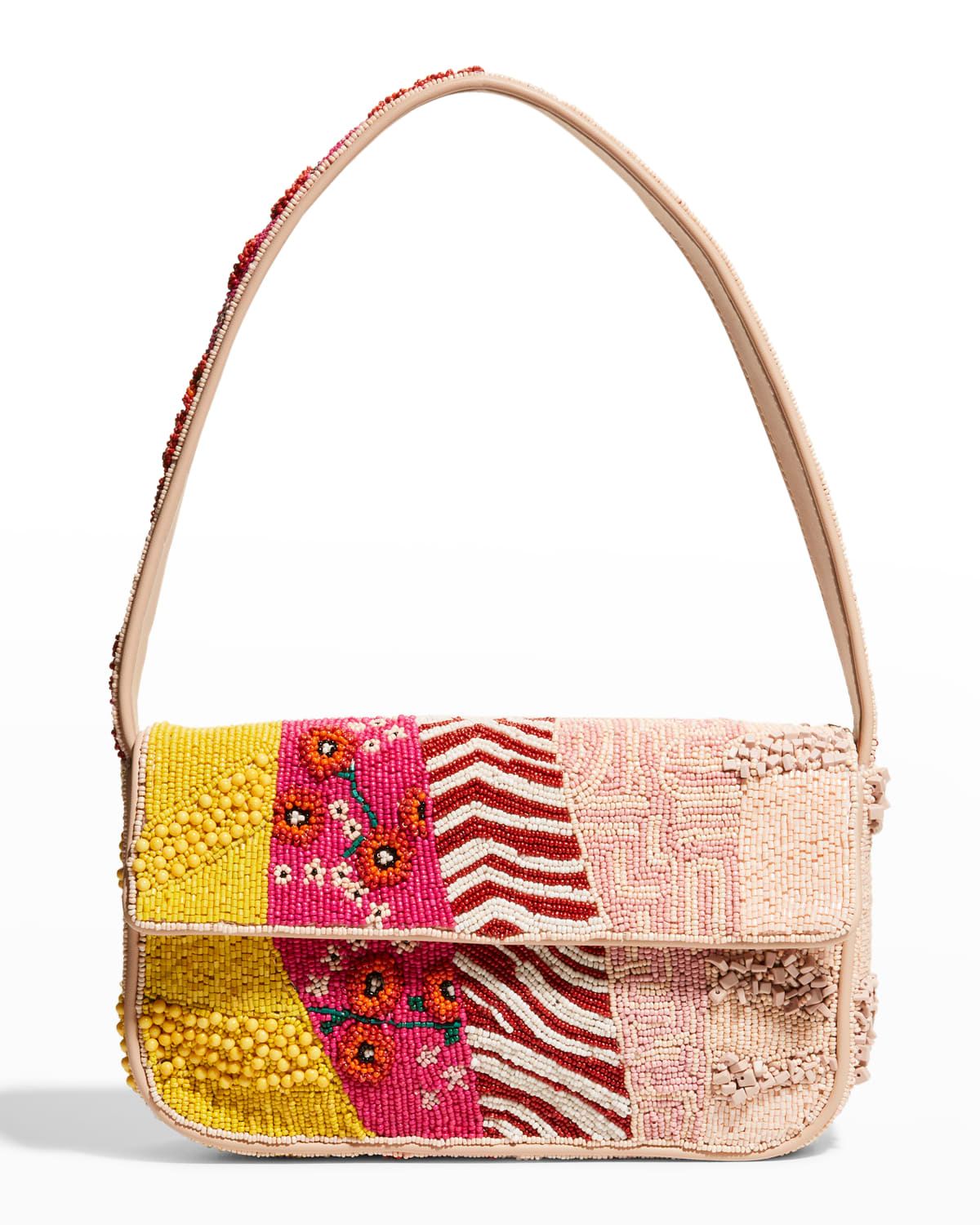 Staud Tommy Multi-pattern Beaded Shoulder Bag In Pink Patch