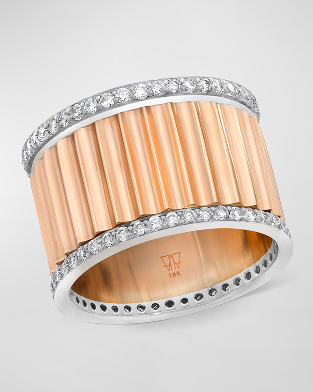18K Rose Gold and White Gold 15mm Diamond Fluted Band Ring