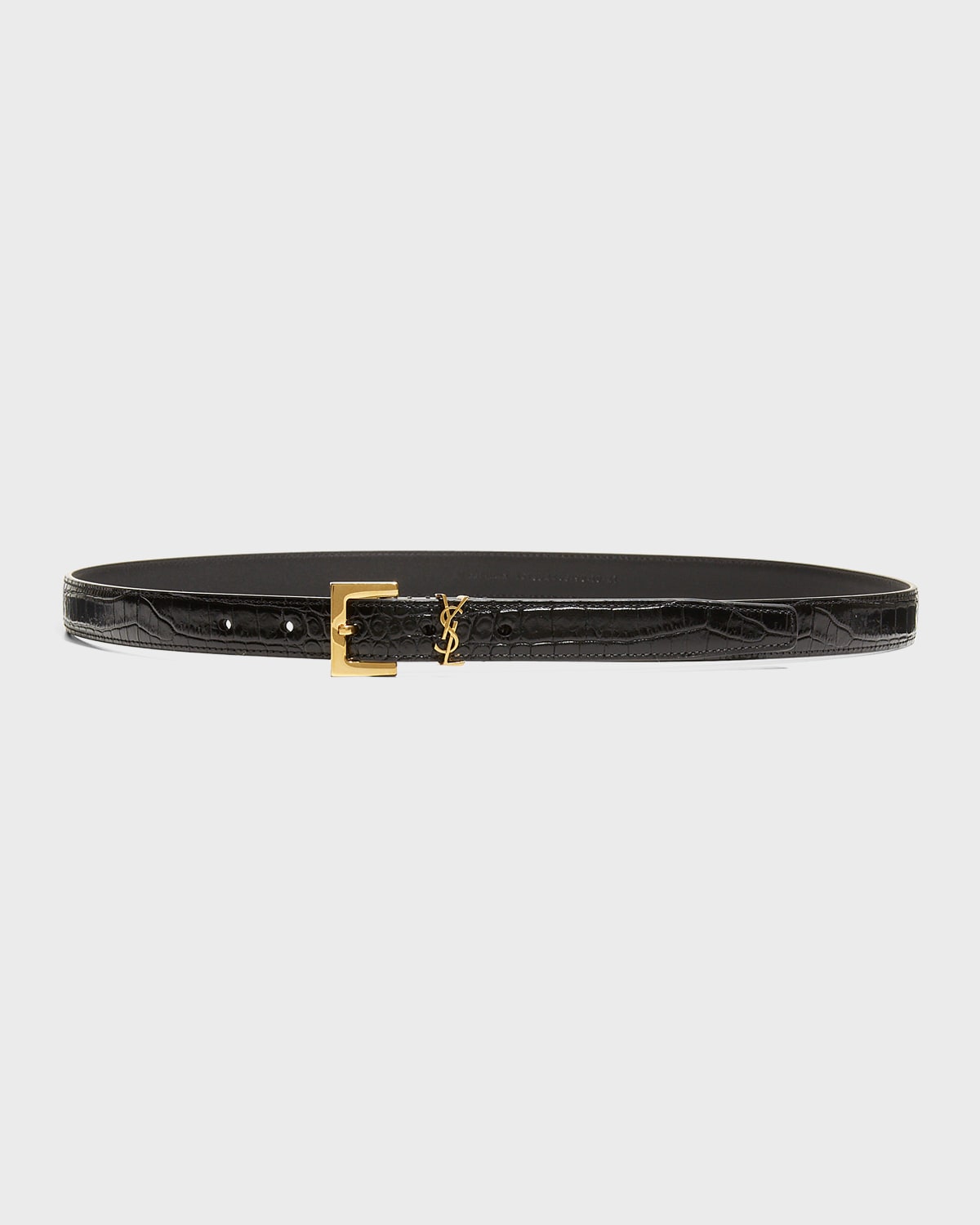 Shop Saint Laurent Ysl Croc-embossed Skinny Belt In Black / Bronze