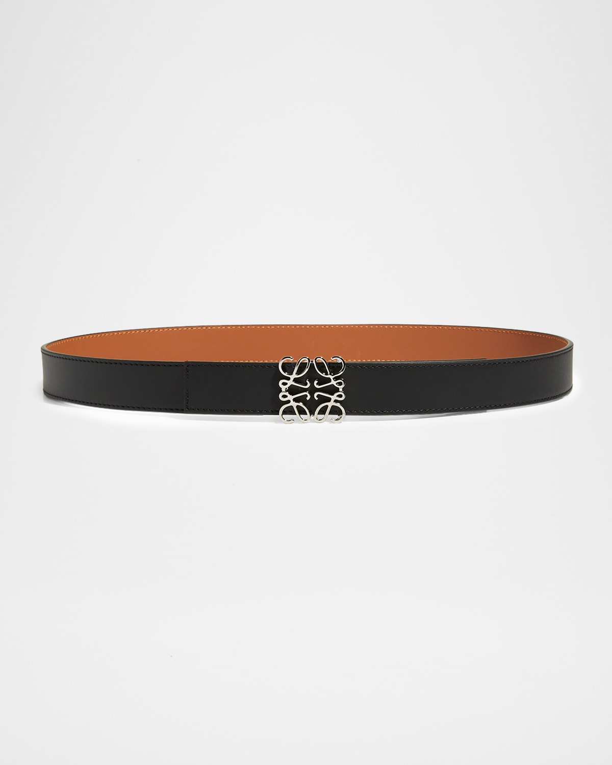 Loewe Reversible Anagram Leather Belt In Black Tan Silver