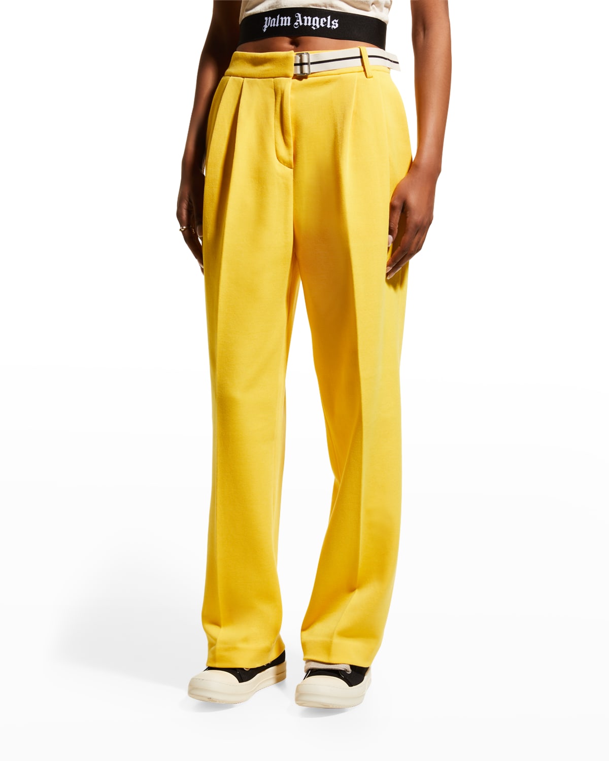Belted Straight-Leg Pleated Suit Pants