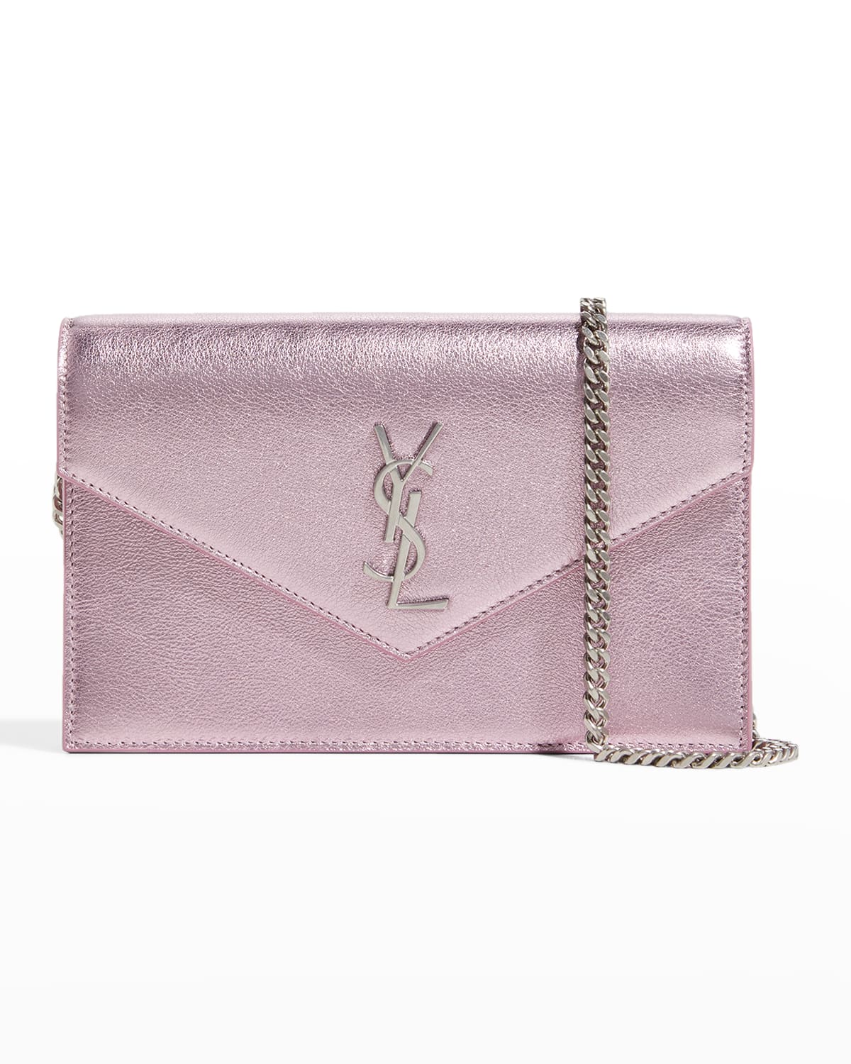 Saint Laurent Chain Wallet Small Envelop Metallic Monogram Silver Leat -  MyDesignerly