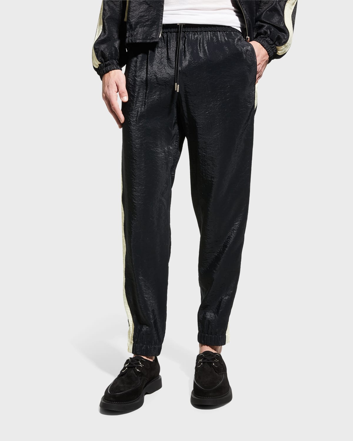 SAINT LAURENT MEN'S SHINY SIDE-STRIPE TRACK PANTS