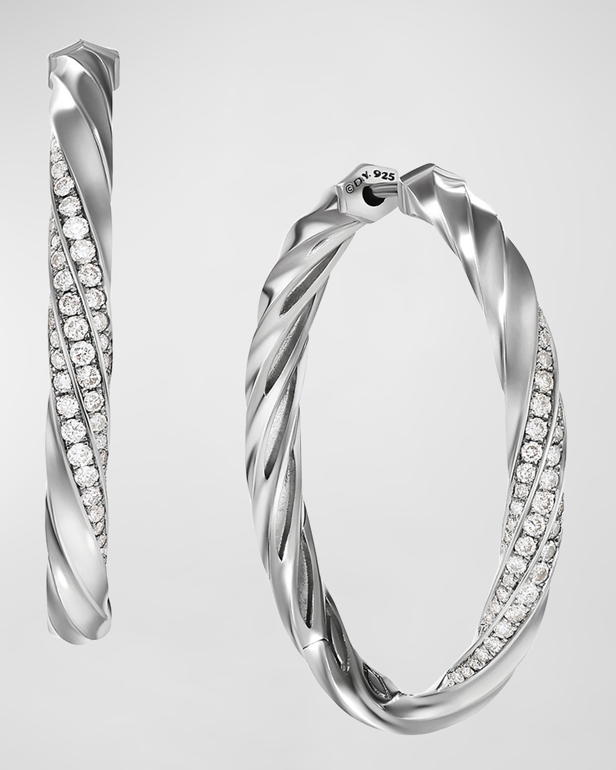 David Yurman Cable Edge Hoop Earrings With Diamonds In Silver, 4mm, 1.5"l