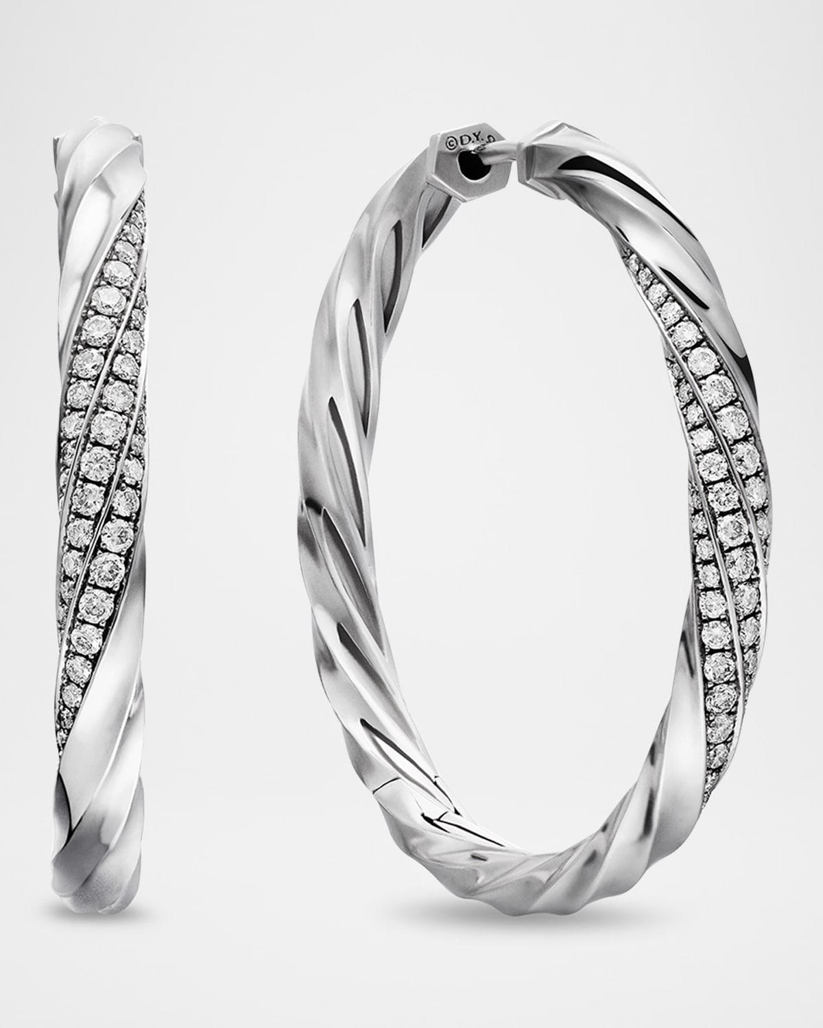 David Yurman Cable Edge Hoop Earrings With Diamonds In Silver, 4mm, 1.5"l In Sil-rec