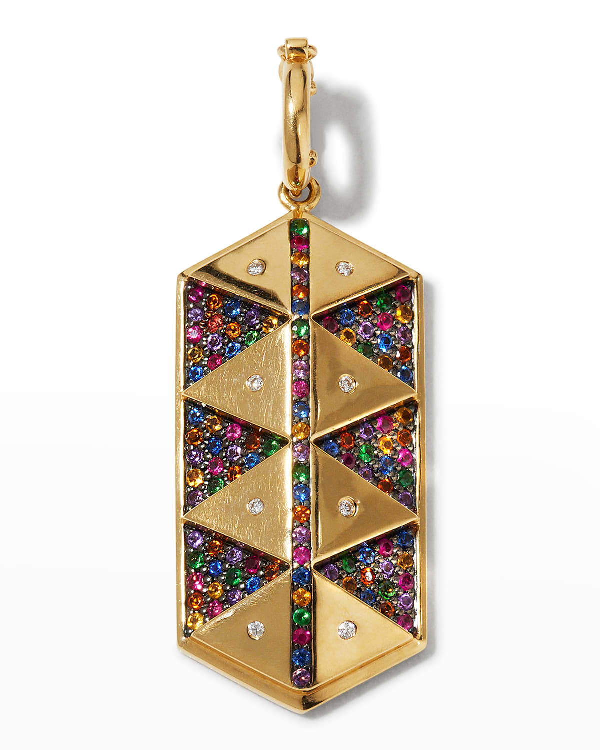 Yellow Gold Elongated Hexagon Shield Charm with Rainbow Sapphires