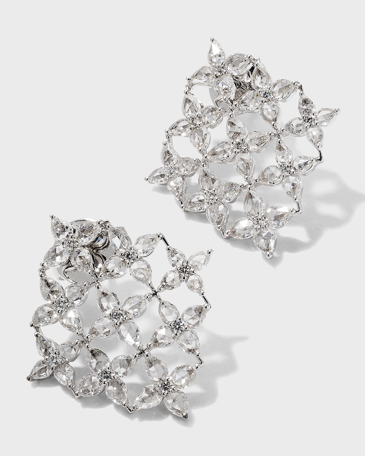 64 Facets White Gold Blossom Motif Earrings With Pear Rose-cut Diamonds