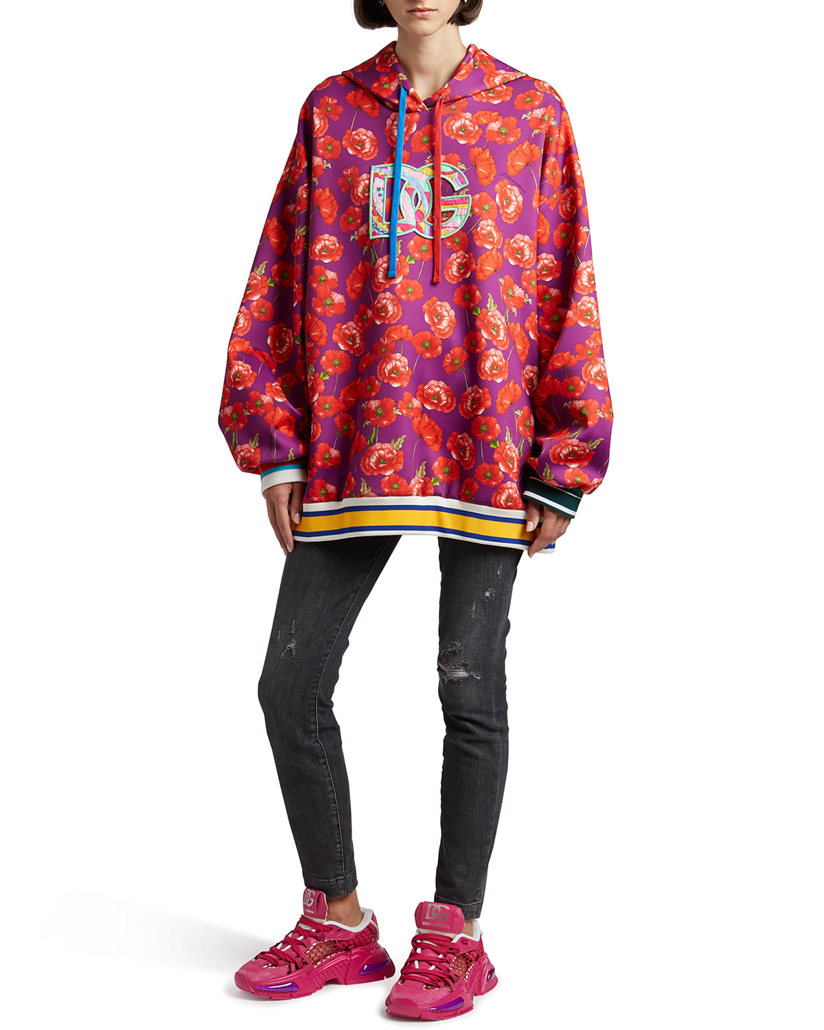 Floral-Print Logo Patch Oversized Hoodie