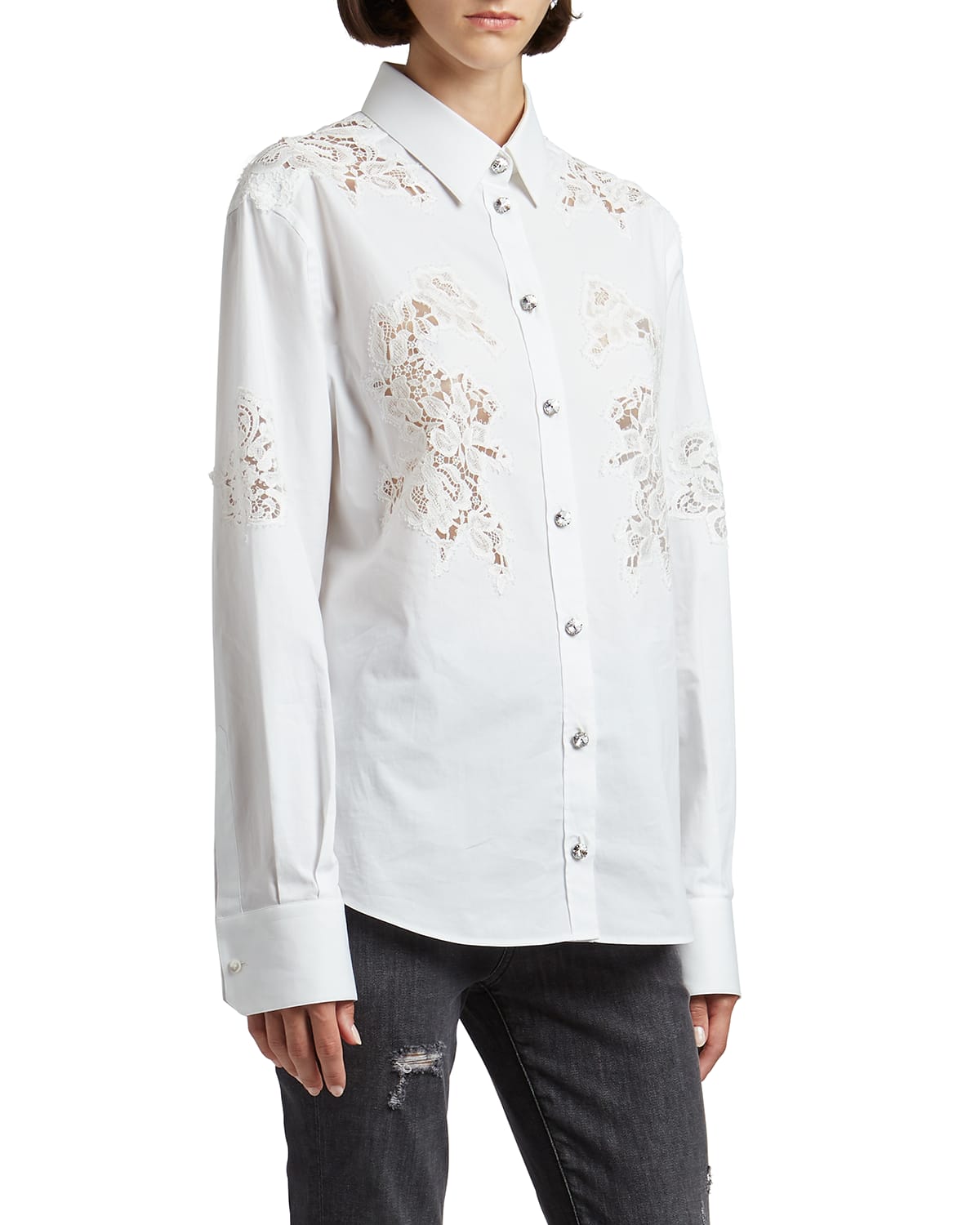 Chantilly Lace-paneled Cotton-blend Poplin Shirt In White