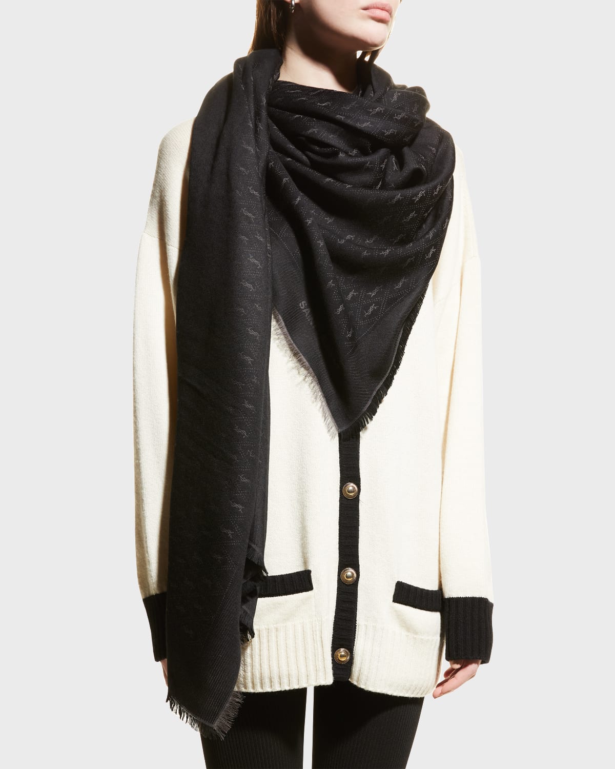 Shop Saint Laurent Ysl Micro Monogram Scarf In Black / Grey