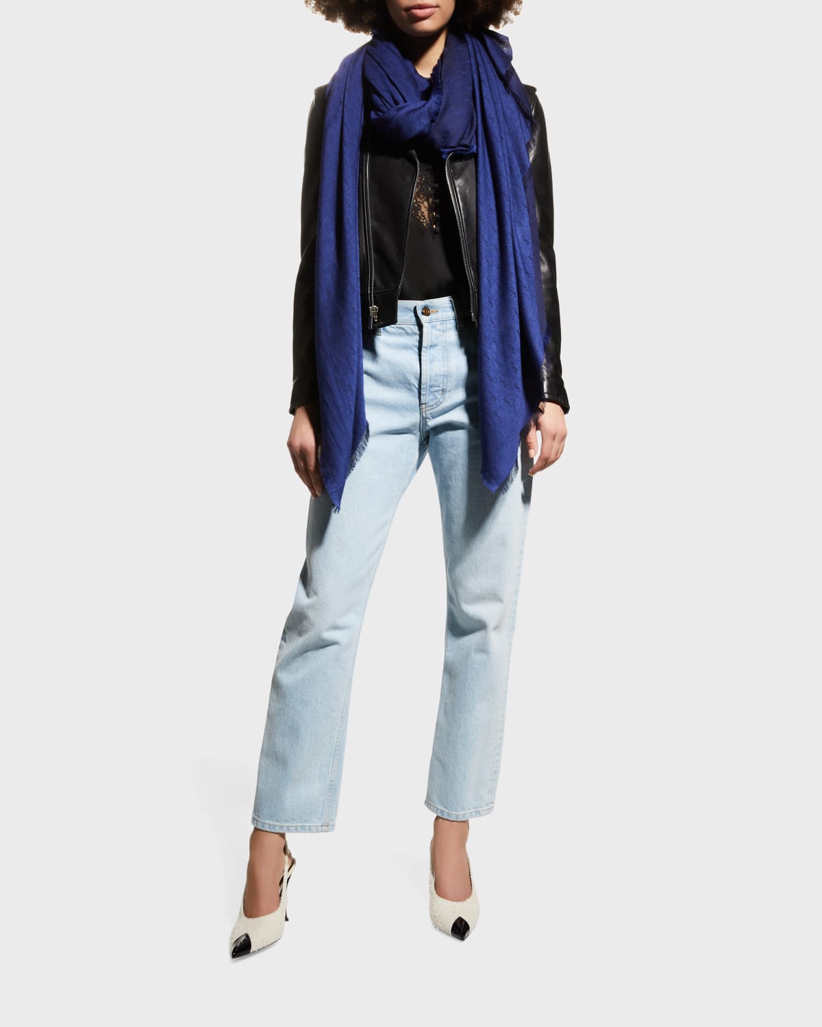 Saint Laurent Monogram Fine-knit Scarf In Sapphire