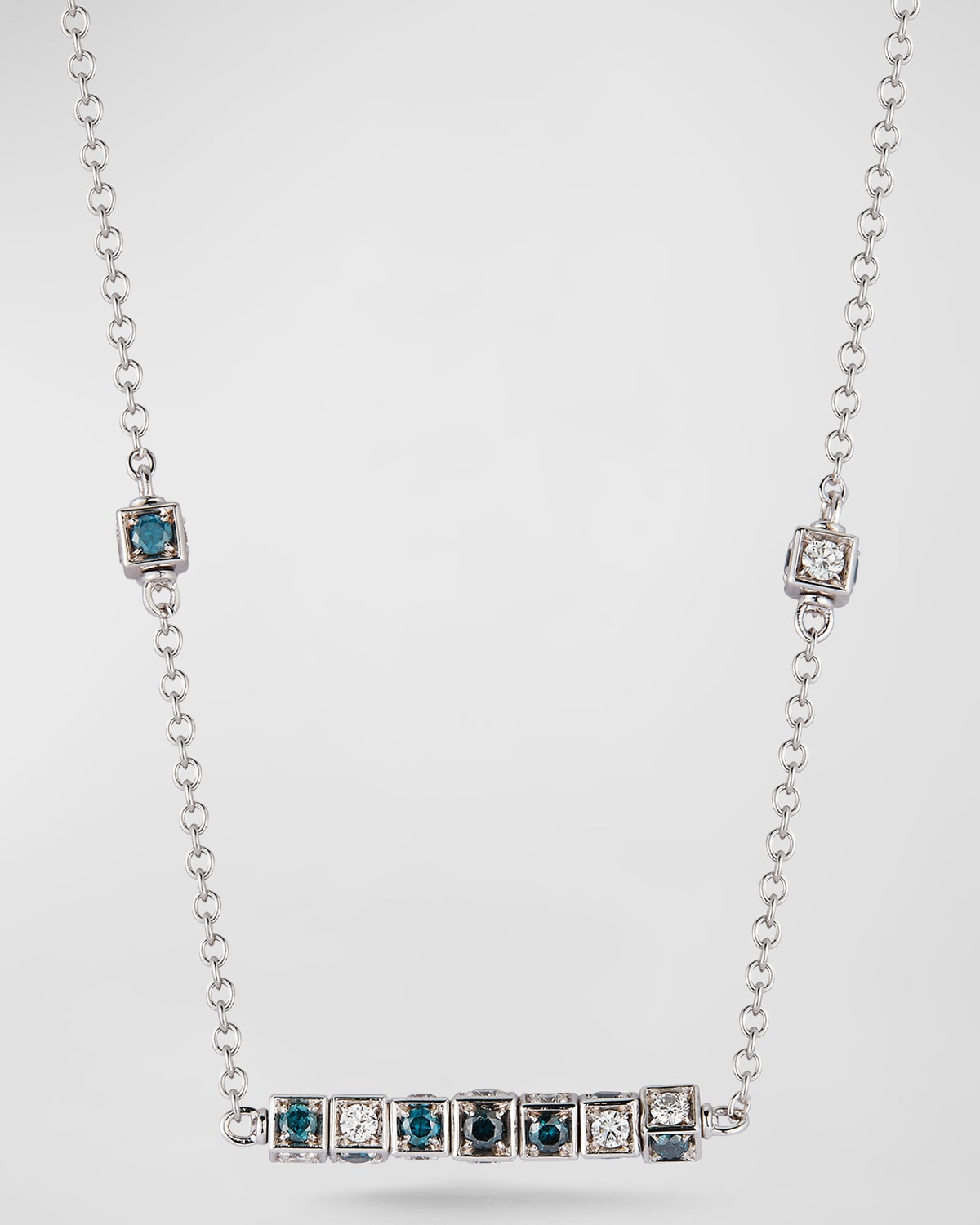 18k White Gold Blue and White Diamond Cube Long Bar Necklace