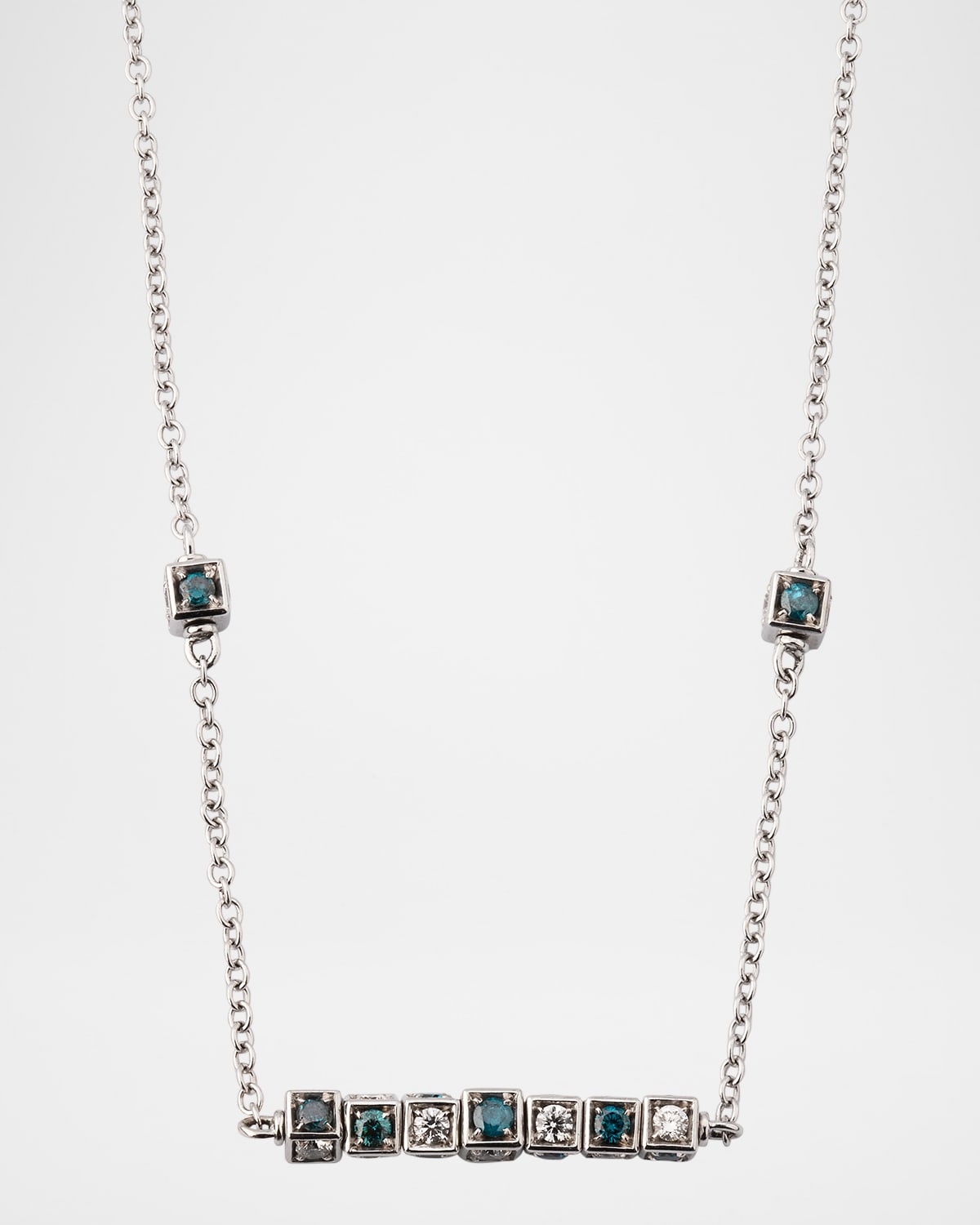 18k White Gold Blue and White Diamond Cube Long Bar Necklace