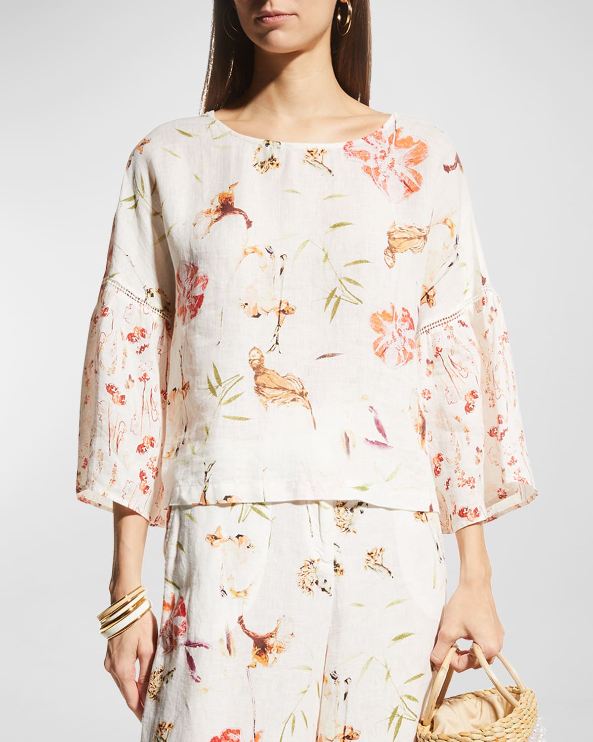Floral-Print Linen Top w/ Contrast Sleeves