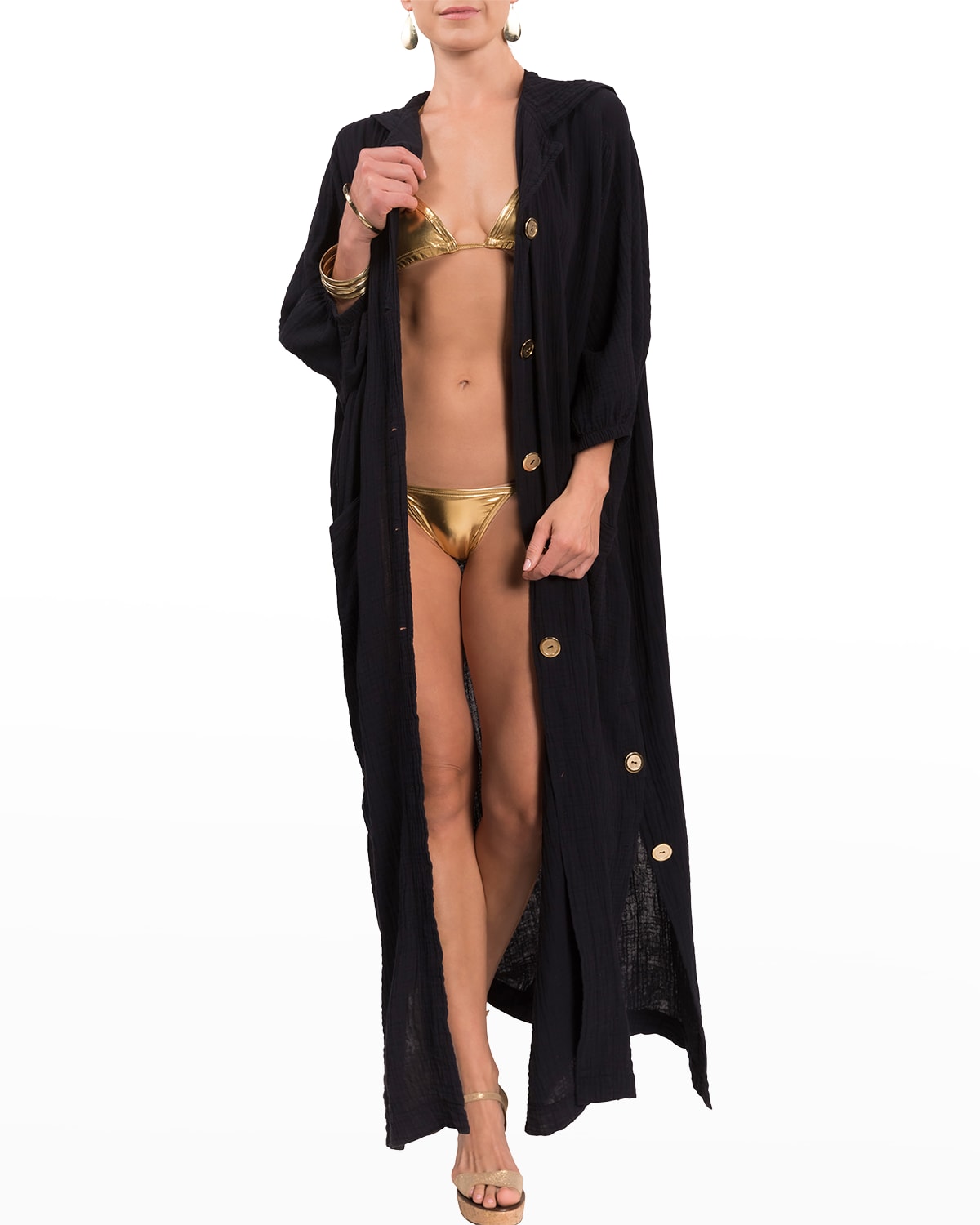 Everyday Ritual Jade Cotton Gauze Button-front Coverup In Black