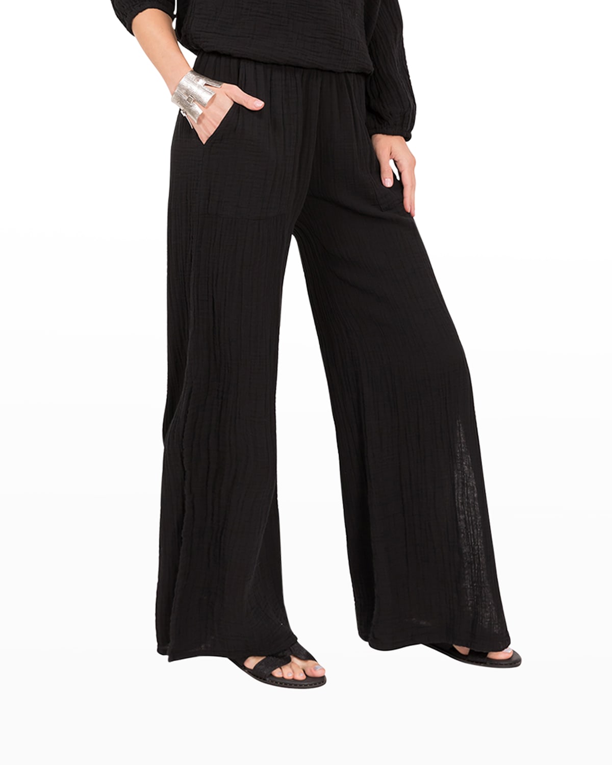 Everyday Ritual Riley Slit Wide-leg Cotton Gauze Pants In Black