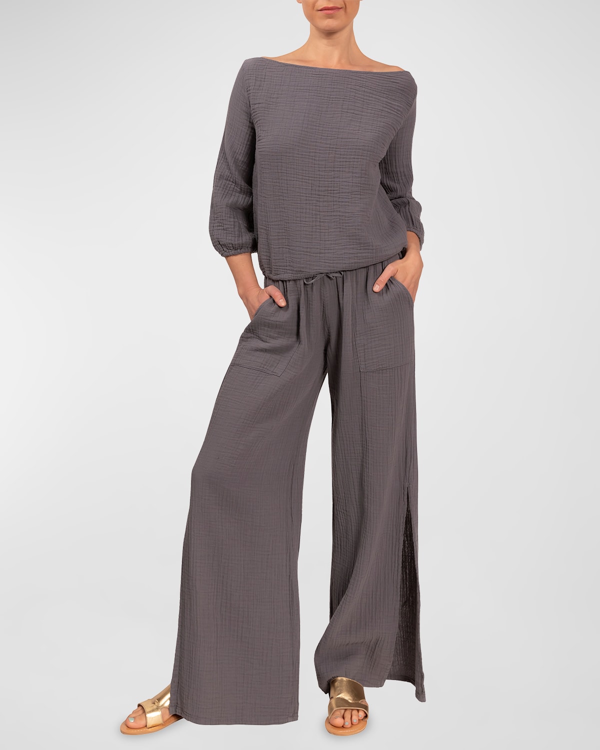 Everyday Ritual Riley Slit Wide-leg Cotton Gauze Pants In Slate