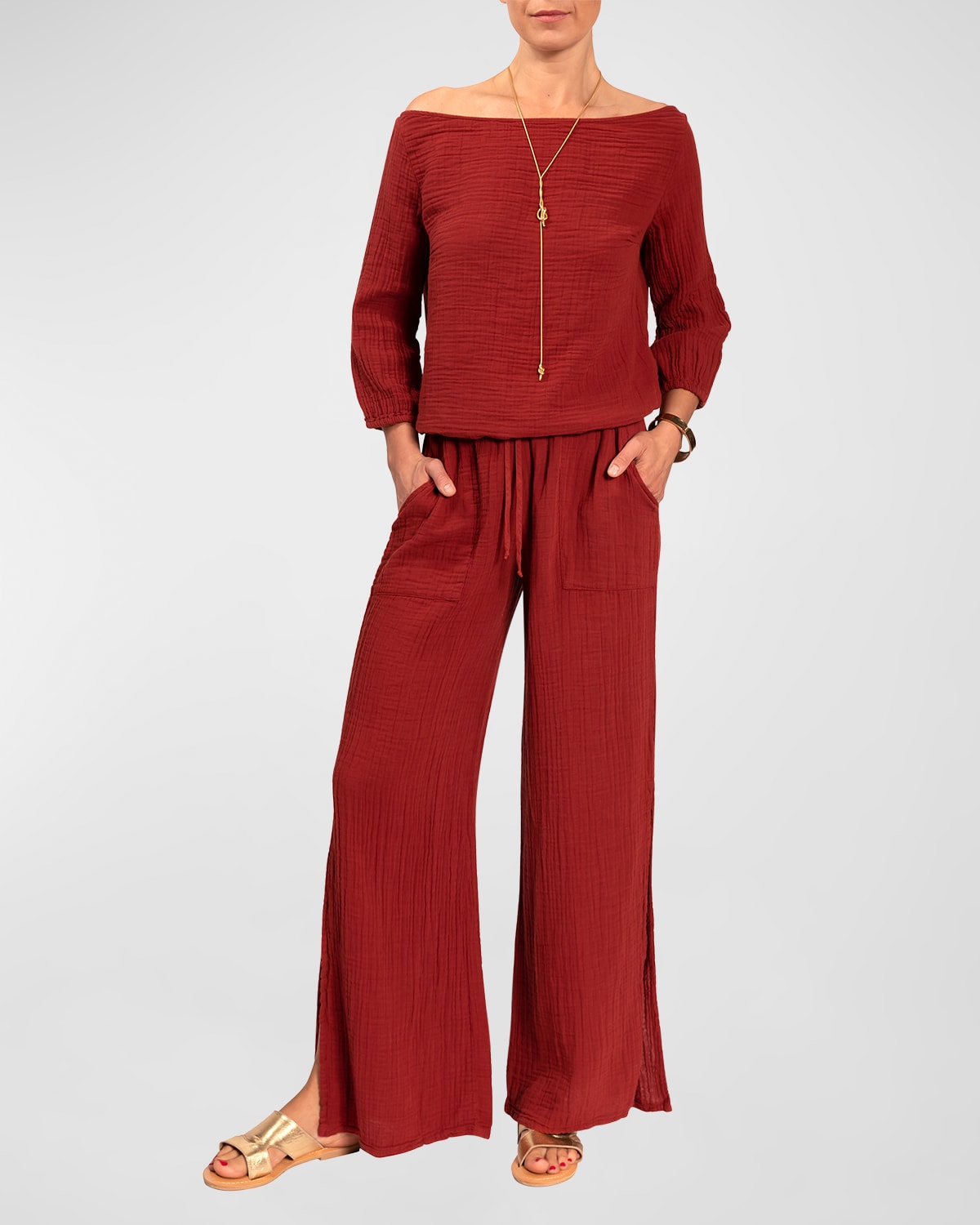 Everyday Ritual Riley Slit Wide-leg Cotton Gauze Pants In Sienna