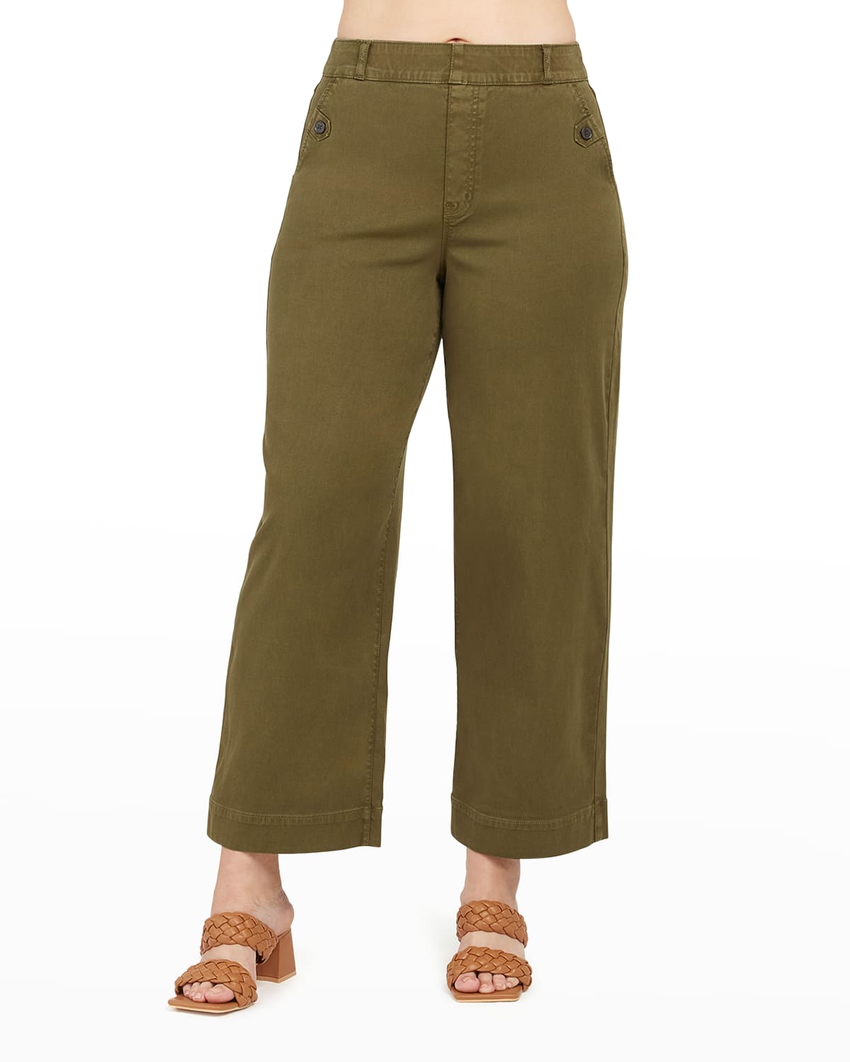 Spanx Cropped Wide-leg Mid-rise Stretch Cotton-blend Trousers In Darkened Olive
