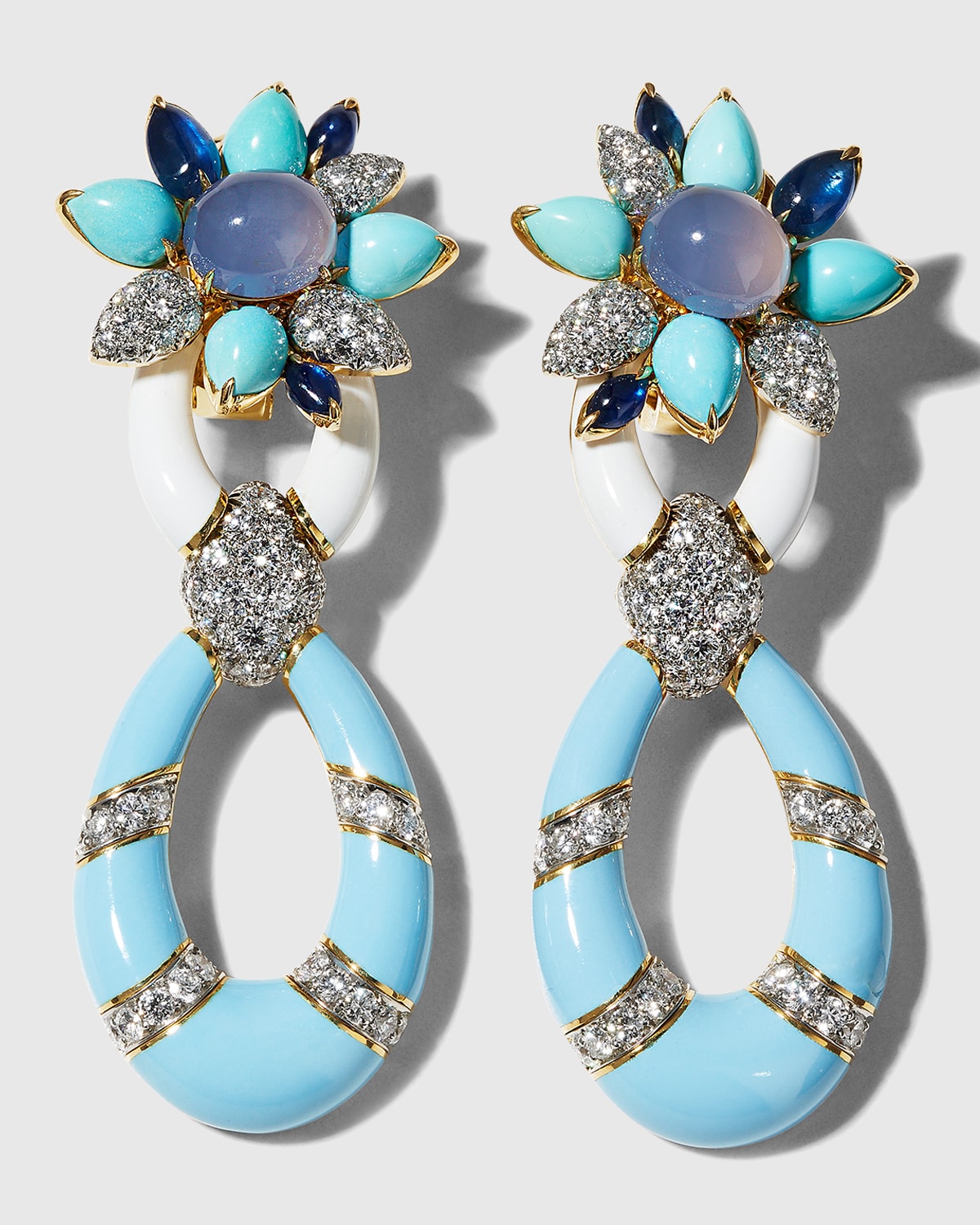 David Webb Yellow Gold and Platinum Asheville Earrings with Blue Chalcedony, Turquoise and Sapphires