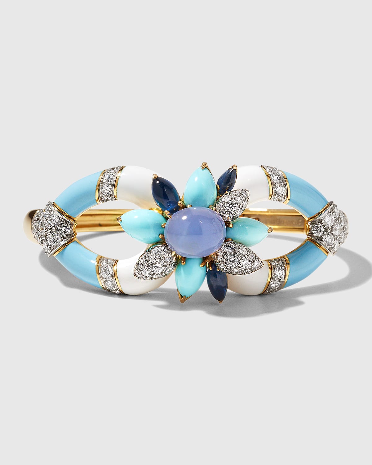 David Webb Yellow Gold and Platinum Asheville Bracelet with Blue Chalcedony and Turquoise
