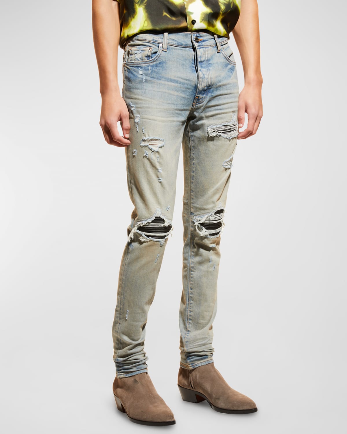 Amiri Mx1 Leather-panelled Distressed Jeans In Clay Indigo