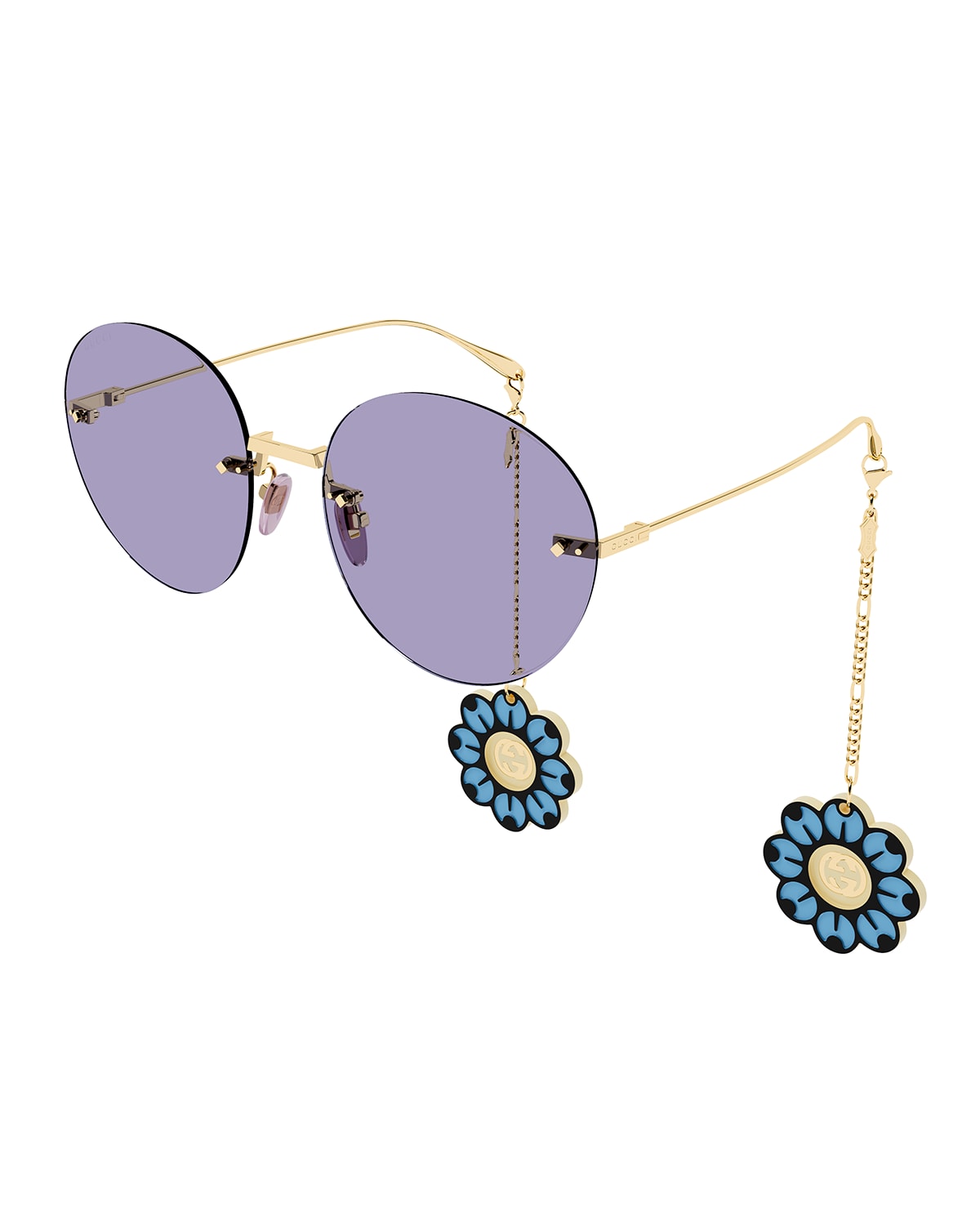 Gucci Rimless Round Metal Sunglasses W/ Flower Charms In Gold / Violet
