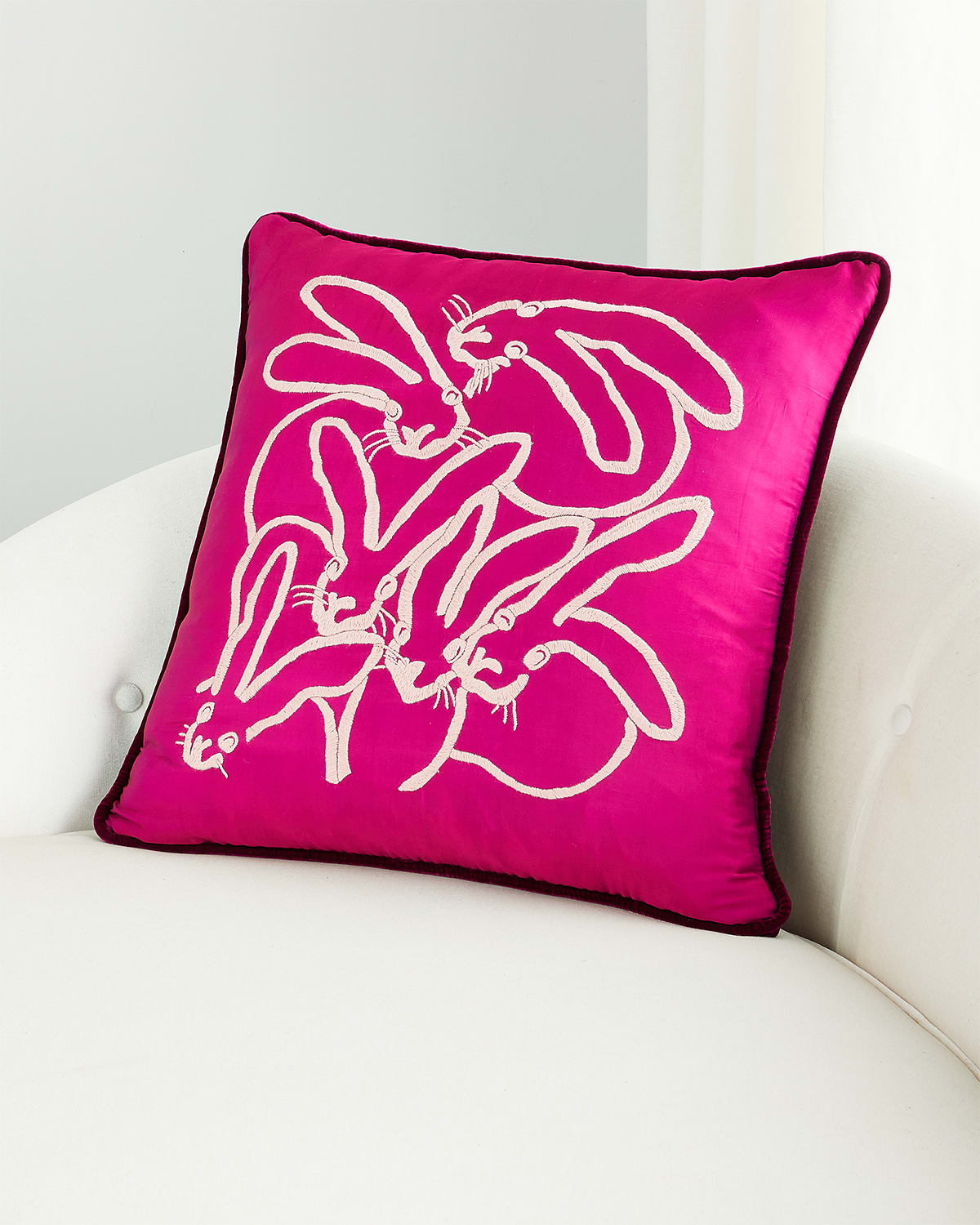 Shop Hunt Slonem Hand Embroidered Silk Bunny Pillow In Fuschia