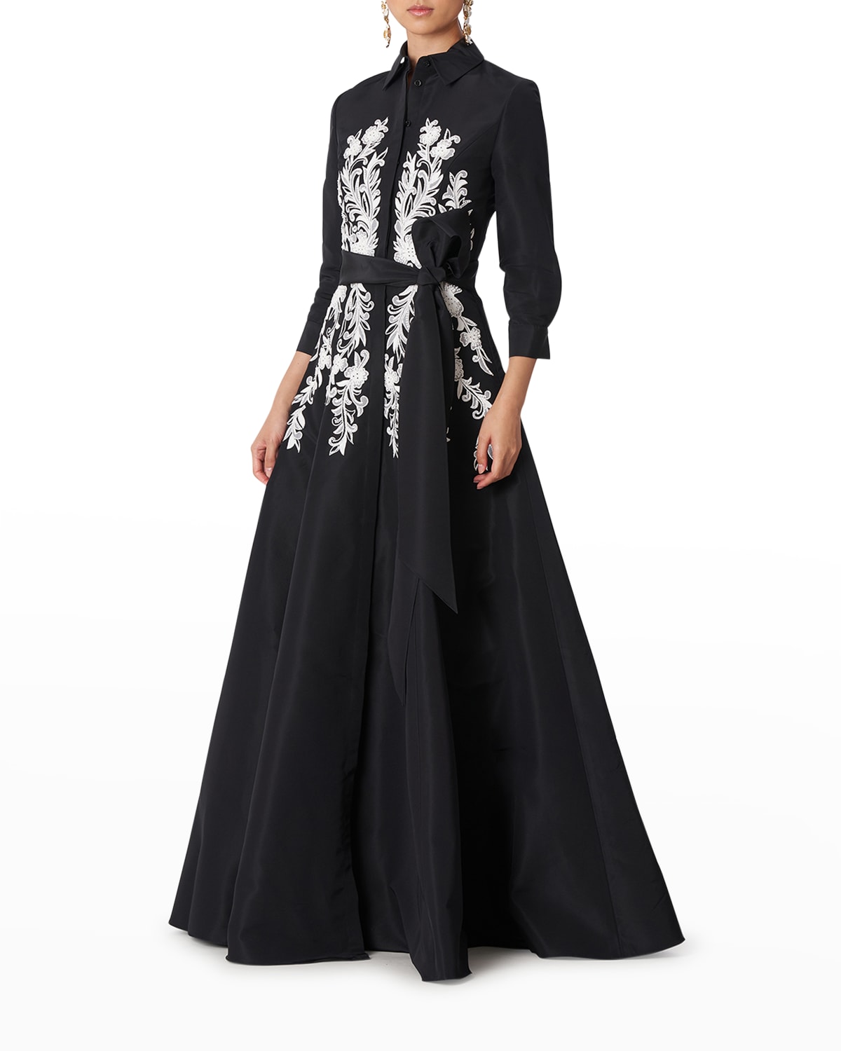 Embroidered Waist-Tie Trench Gown