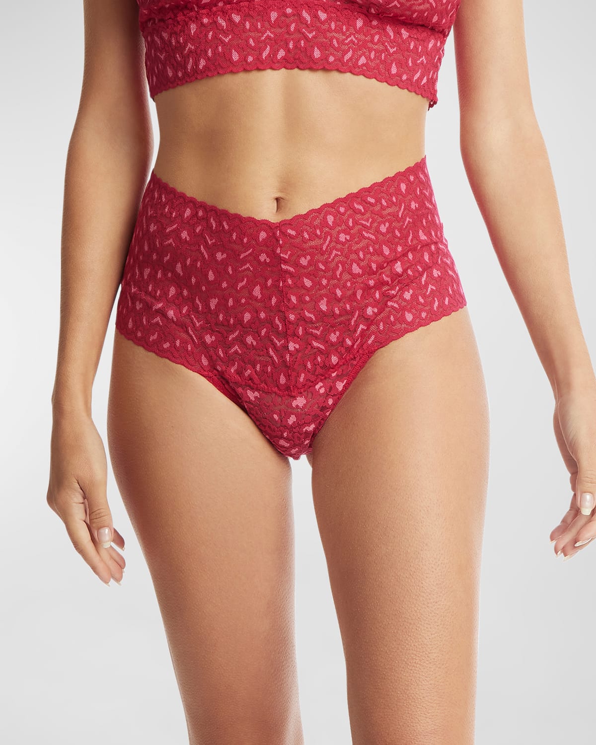 Hanky Panky Cross-dyed Leopard Retro Lace Thong In Berry Sangria-pin