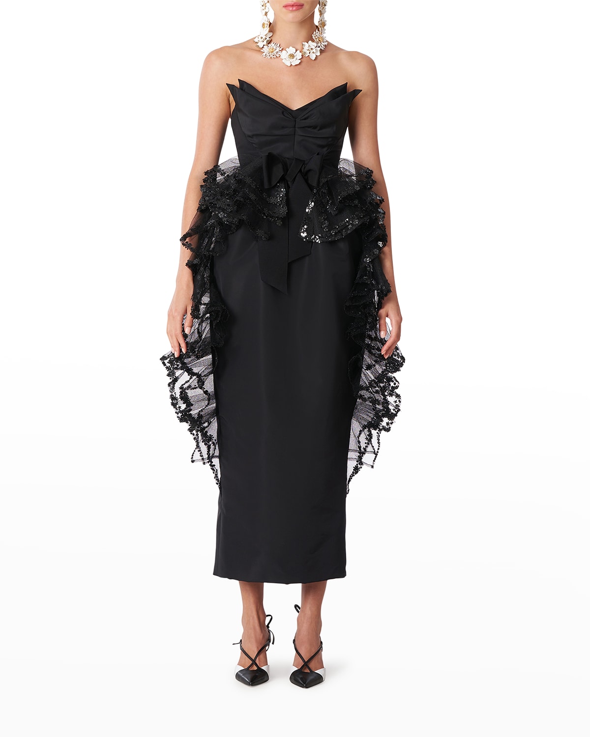 Carolina Herrera Embroidered Strapless Multi-Ruffle Column Dress
