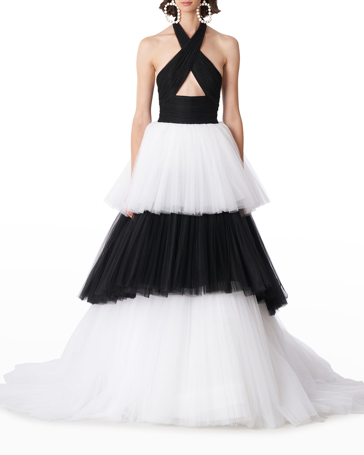 Crisscross Halter Bicolor Tiered Tulle Gown