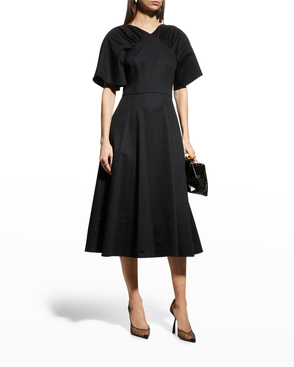 Gathered-Sleeve Belted Midi Dress