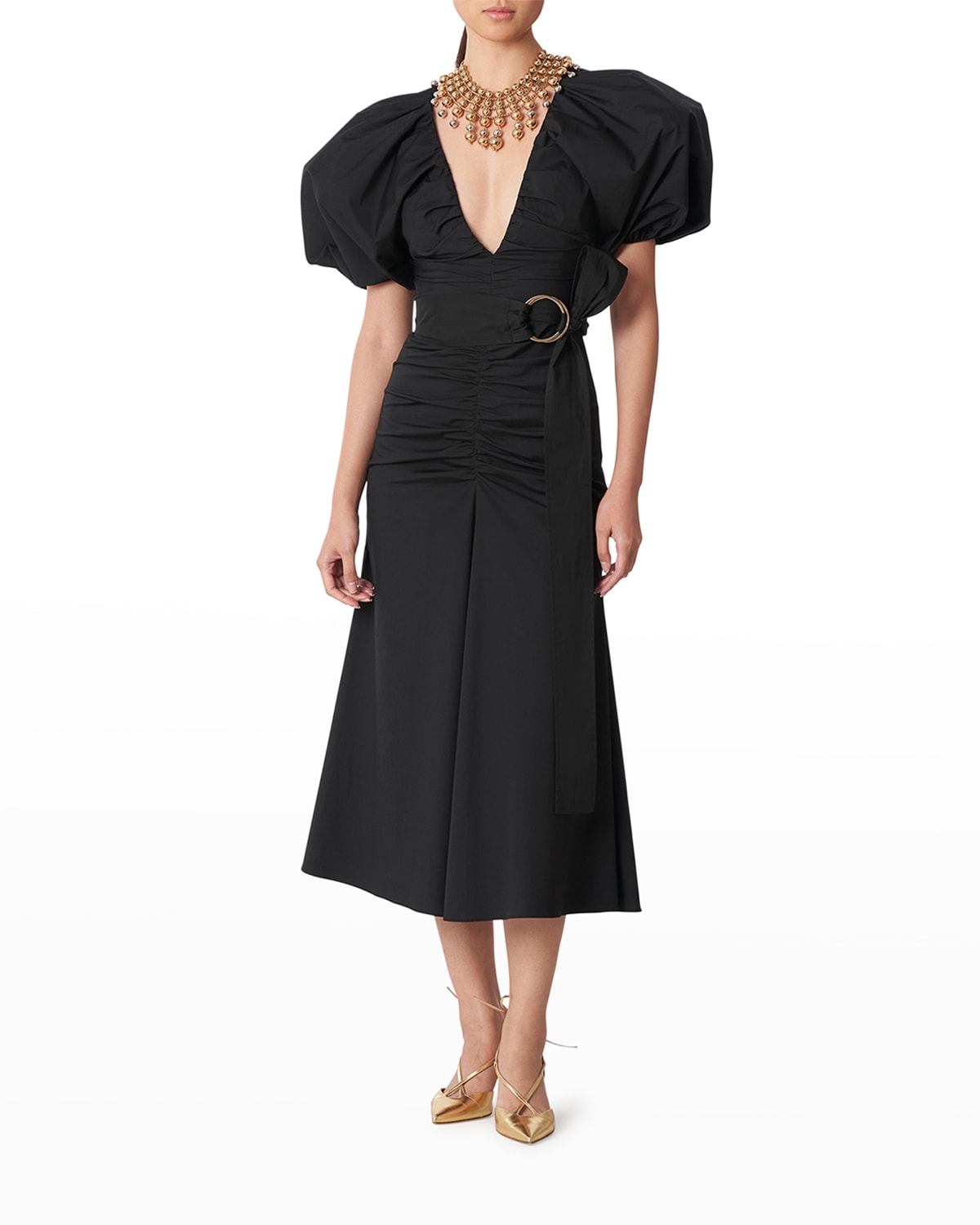 Plunging Puff-Sleeve Ruched Midi Dress