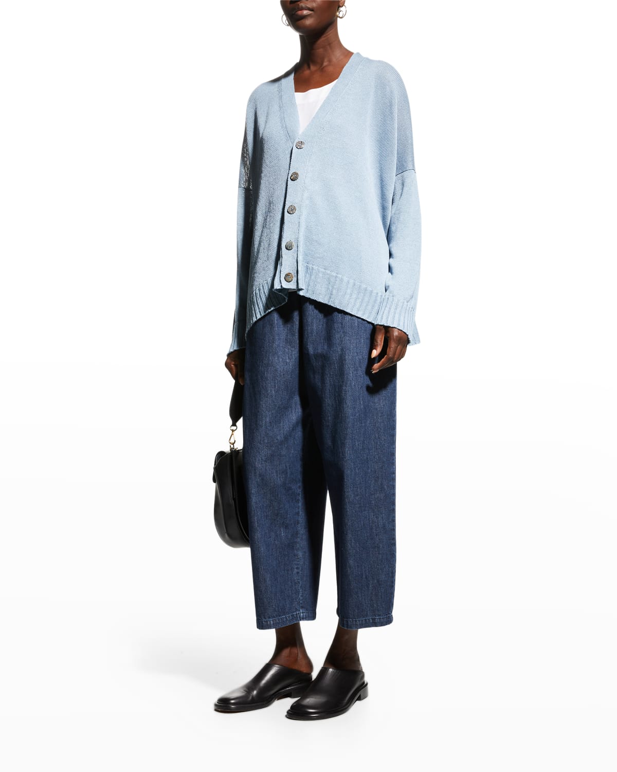 Eskandar V-neck Linen Cardigan (mid Length) In Bluestorm