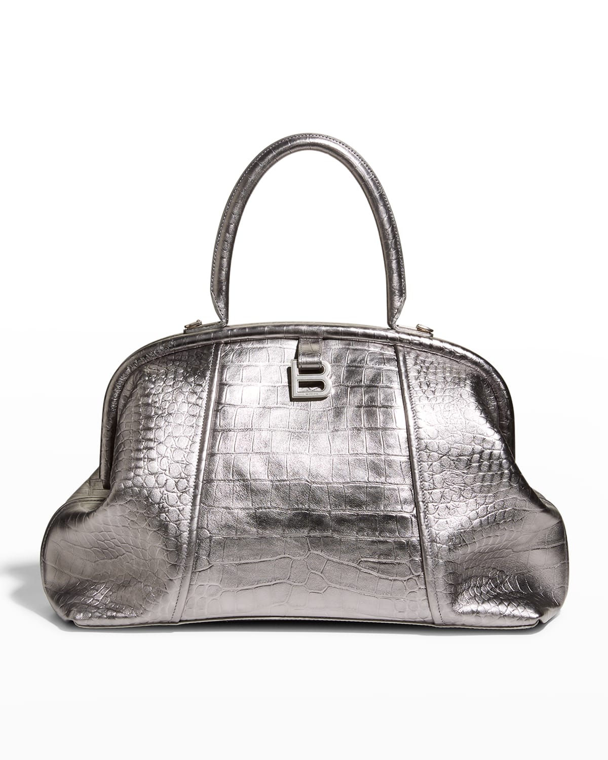 Balenciaga Frame Metallic Croco Satchel Bag In Silver