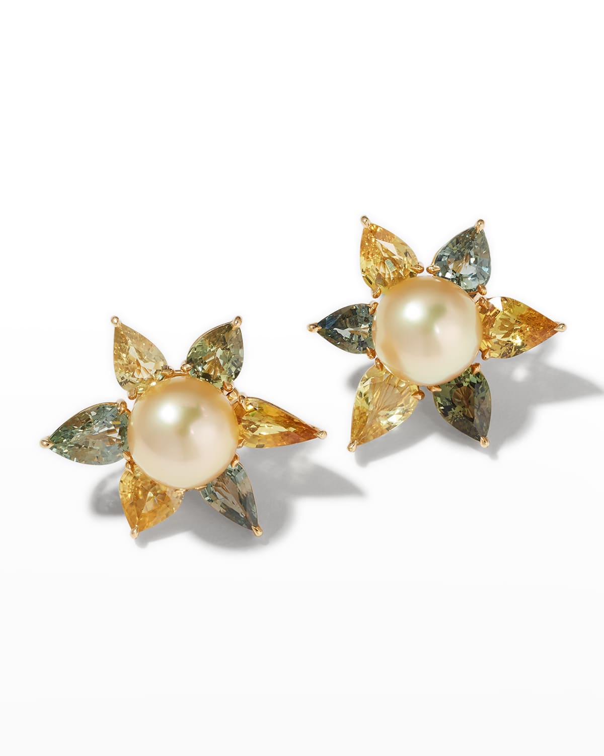 Assael Yellow Gold South Sea 12.8x12.5mm Pearl Earrings With Green And Gold Sapphires