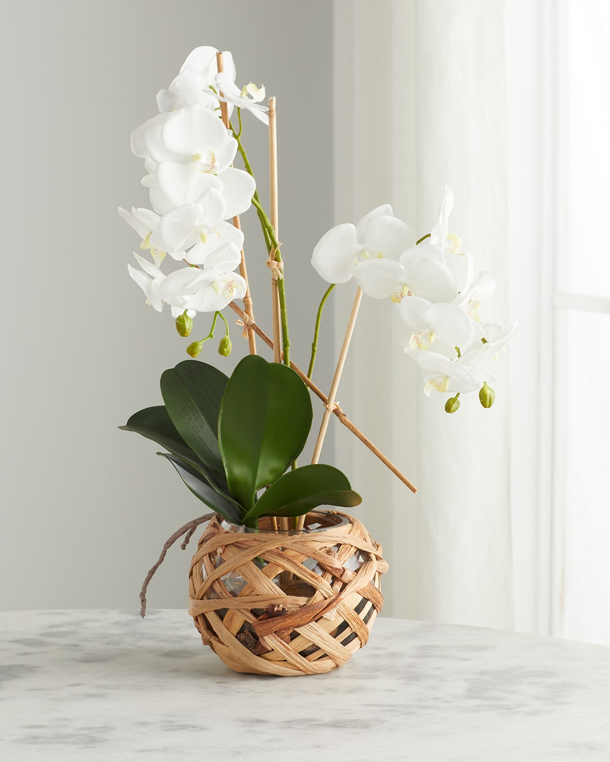 Orchids 24" Faux Floral Arrangement in Rattan-Wrapped Glass Vase