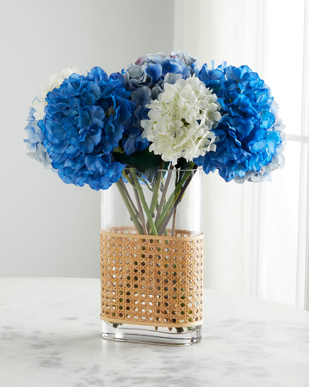 Bamboo & Blueberry 20" Hydrangea Faux Florals in Rattan-Wrapped Glass Vase