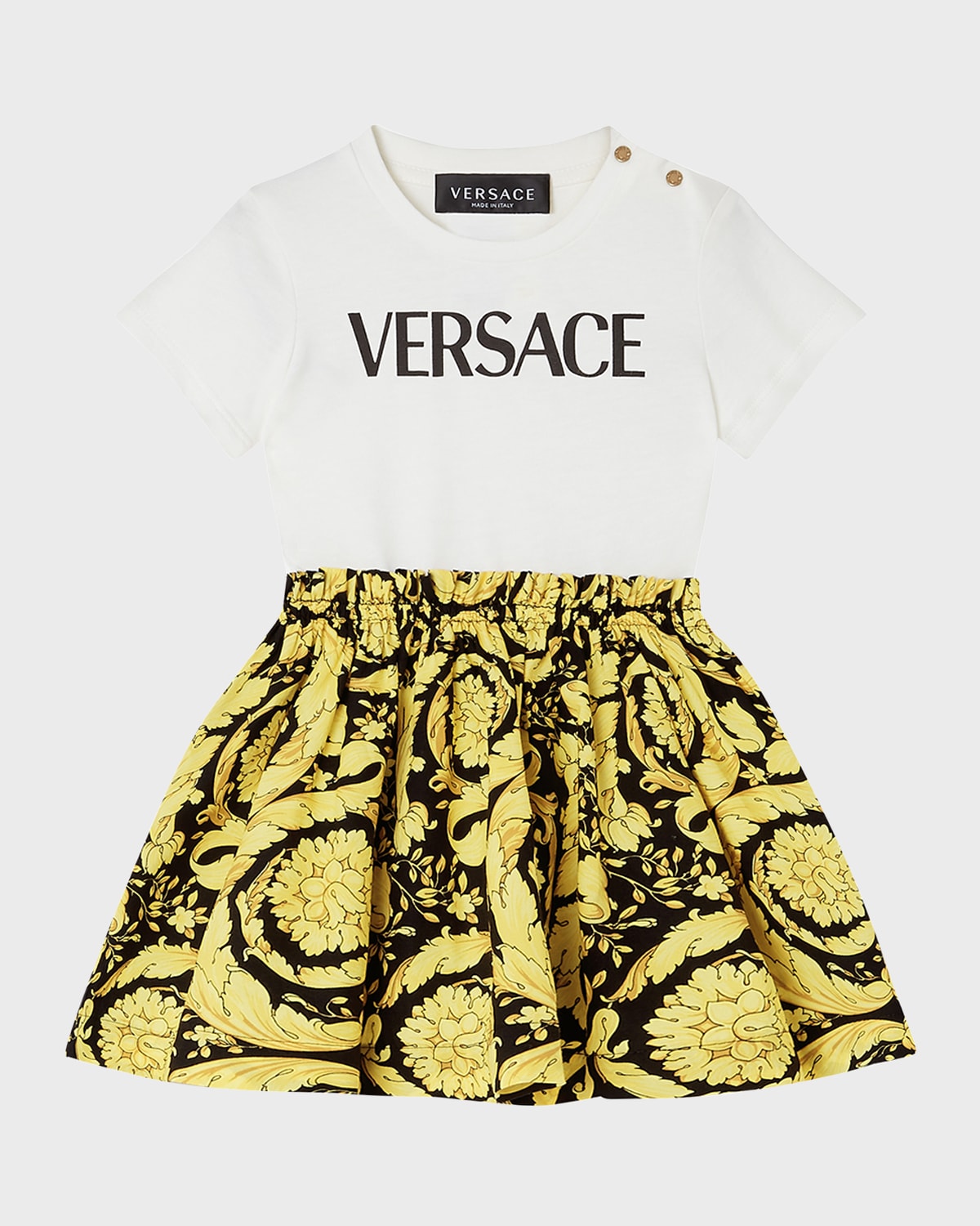 Versace Kids' Girl's Baroque Logo-print Combo Dress In White Black Gold
