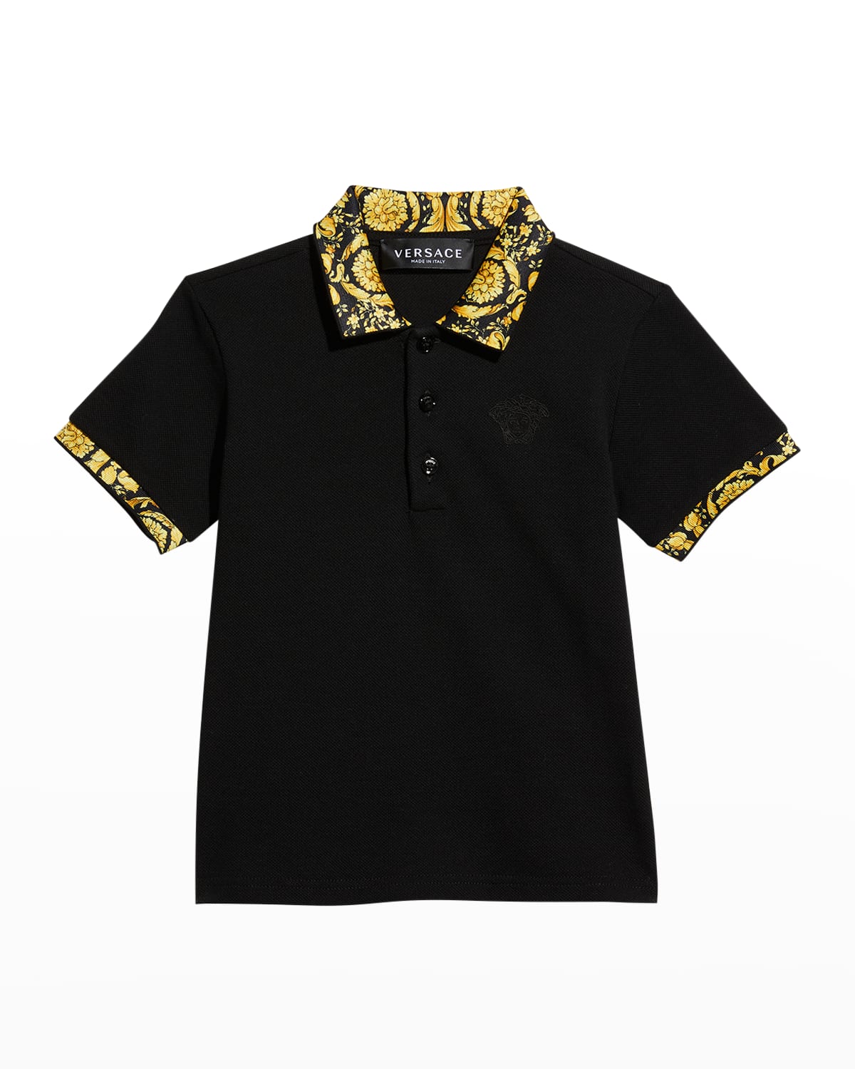 Versace Kids' Boy's Baroque-trim Polo Shirt In Black Gold