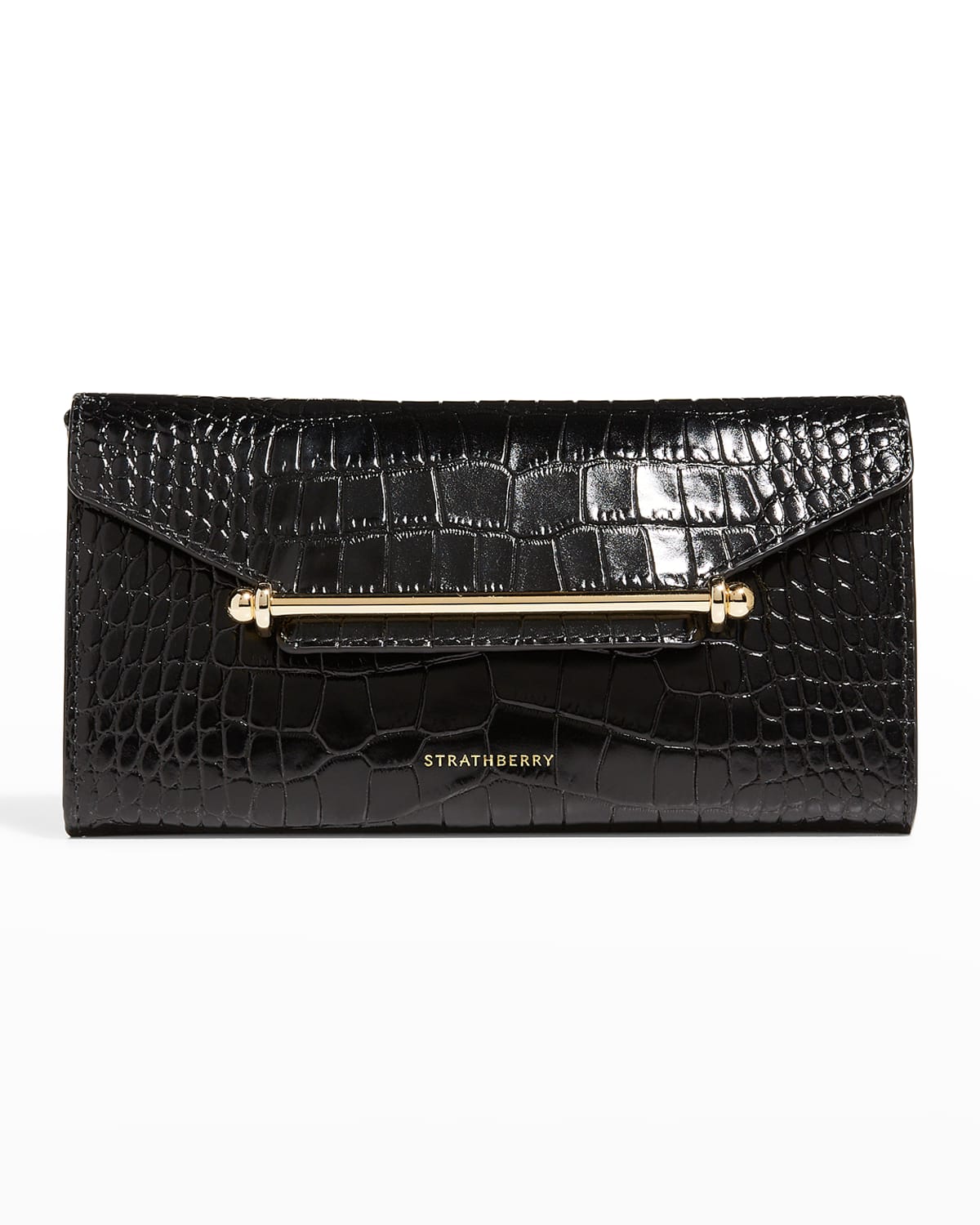 Strathberry Multrees Cro-embossed Flap Wallet On Chain In Black