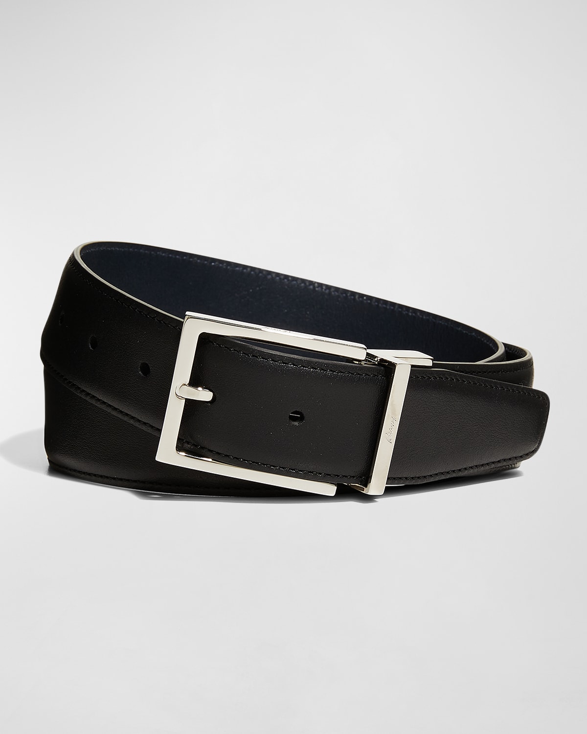 Shop Brioni Men's Reversible Leather Buckle Belt In Blacknavy