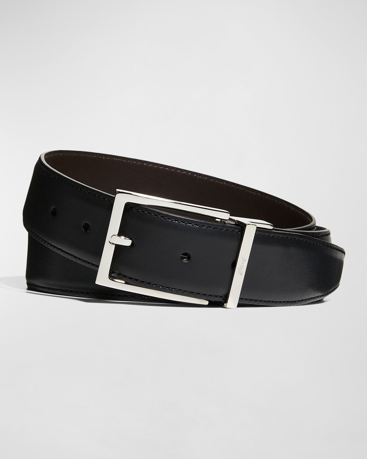 Shop Brioni Men's Reversible Leather Buckle Belt In Blackdark Brown